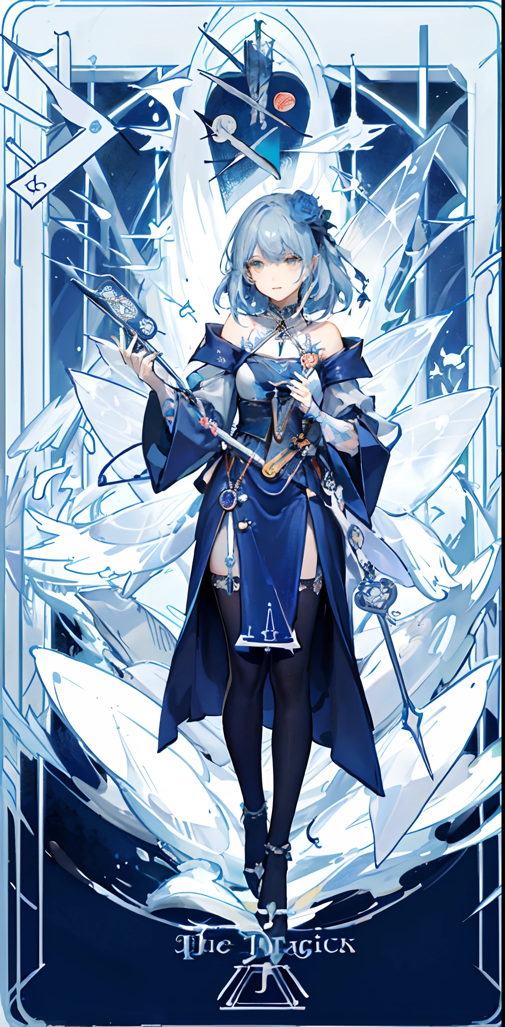 (Golden Ratio:1.2),(rose graffiti:1.2),(fault color:1.3),[(white background:1.4)::10], (full body:1.2),(ultra-detailed:1.3),(tarot:1.6),(the magician (tarot):1.6),

(paper:1.2),(fairy:1.6),(fairy wings:1.2),full body, standing in the air,(cool:1.2),(red long hair),(butterfly hair ornaments),(flower hair ornaments:1.0),((sandal,Locket)),(colorful cocktail long dress:1.0)+(Loose sleeves coat :1.3)+(floting colorful tassel and ribbon :1.2),(White stockings:1.2),

(colorful ink paper flower grow on the face:1.2),(colorful flower sea:1.3),

(chaotic geometric images:1.3),(nagative space:0.8),(drawing board:1.3),

(ether colorful ink flowing:1.3)
