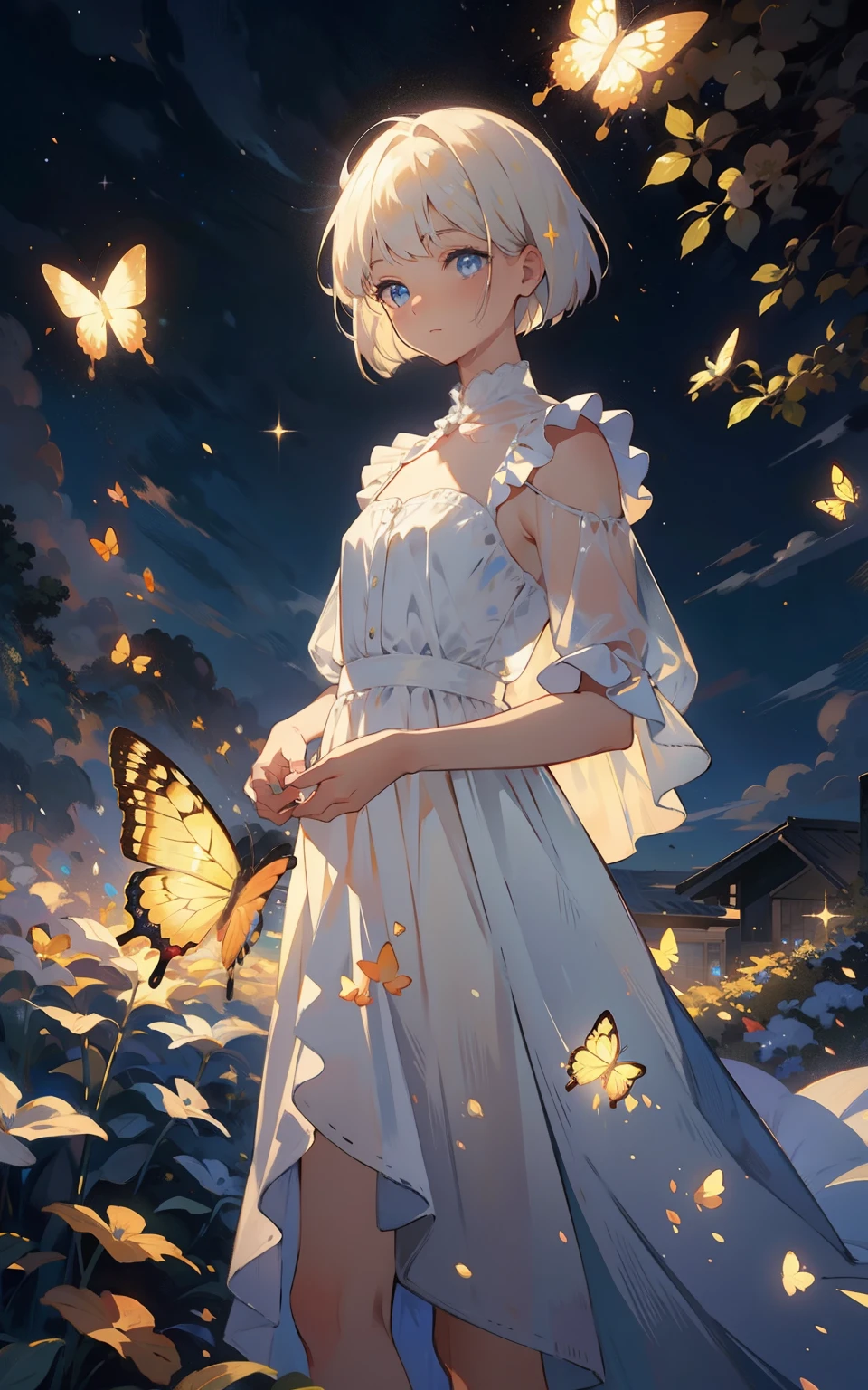 distant view, starlight, butterflies, masterpiece, best quality,HDR.UHD.4K,8K,64K,Highly detailed,ultra-finepainting,extreme detail description,Professional, 1boy, volumetric light, platinum blonde hair, bob cut, butterfly, best quality, illustration, beautiful detailed eyes, blue eyes, pose, white costume, starry sky, standing, from below,
