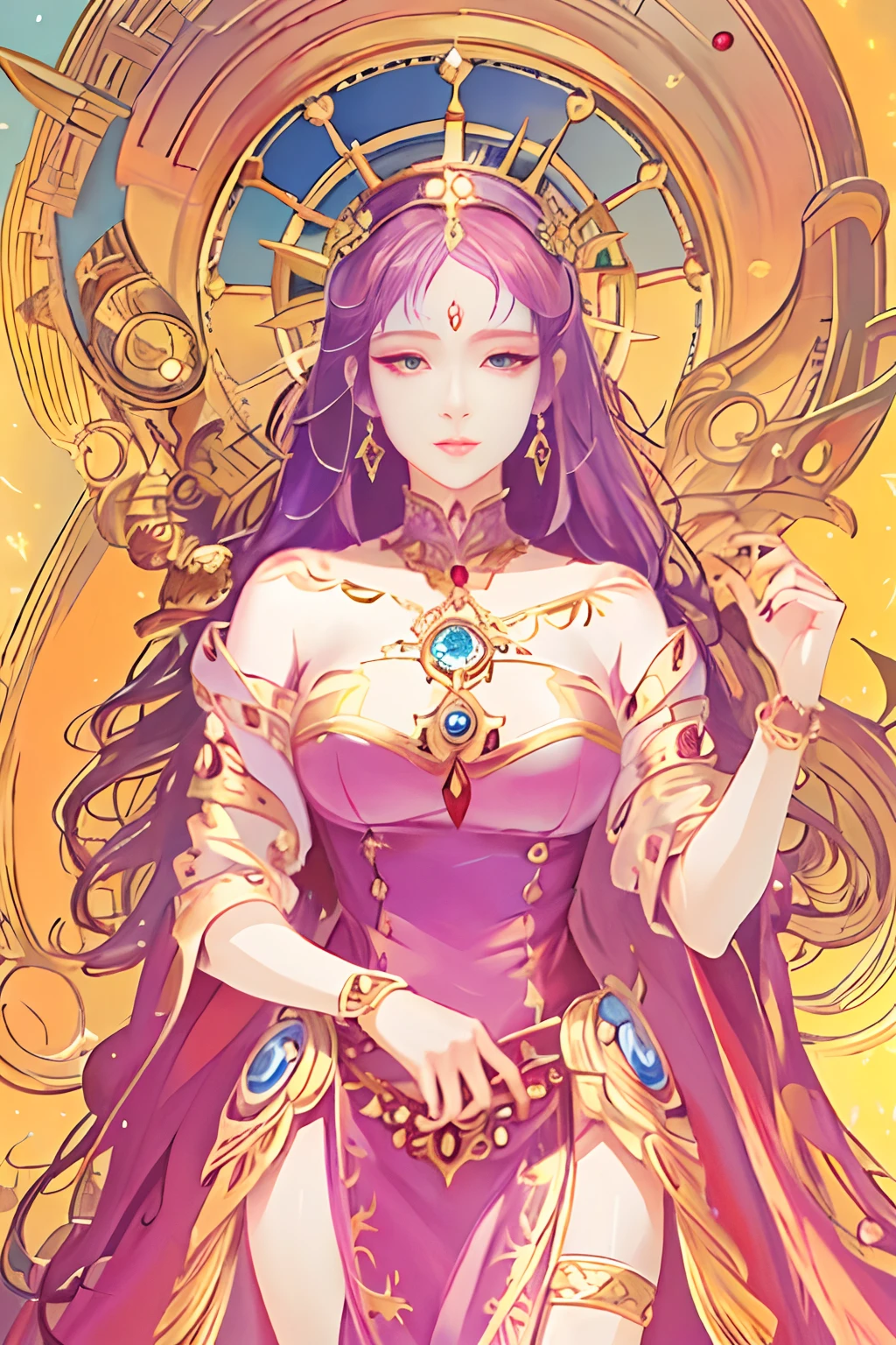 Close-up of a woman wearing a large clock on her head, a beautiful fantasy empress, ((a beautiful fantasy empress)), Anime goddess, Goddess. Extremely high detail, Fantasy art style, Extremely detailed Artgerm, Anime fantasy illustration, Alphonse mucha and rossdraws, 2. 5 D CGI anime fantasy artwork, Beautiful character painting