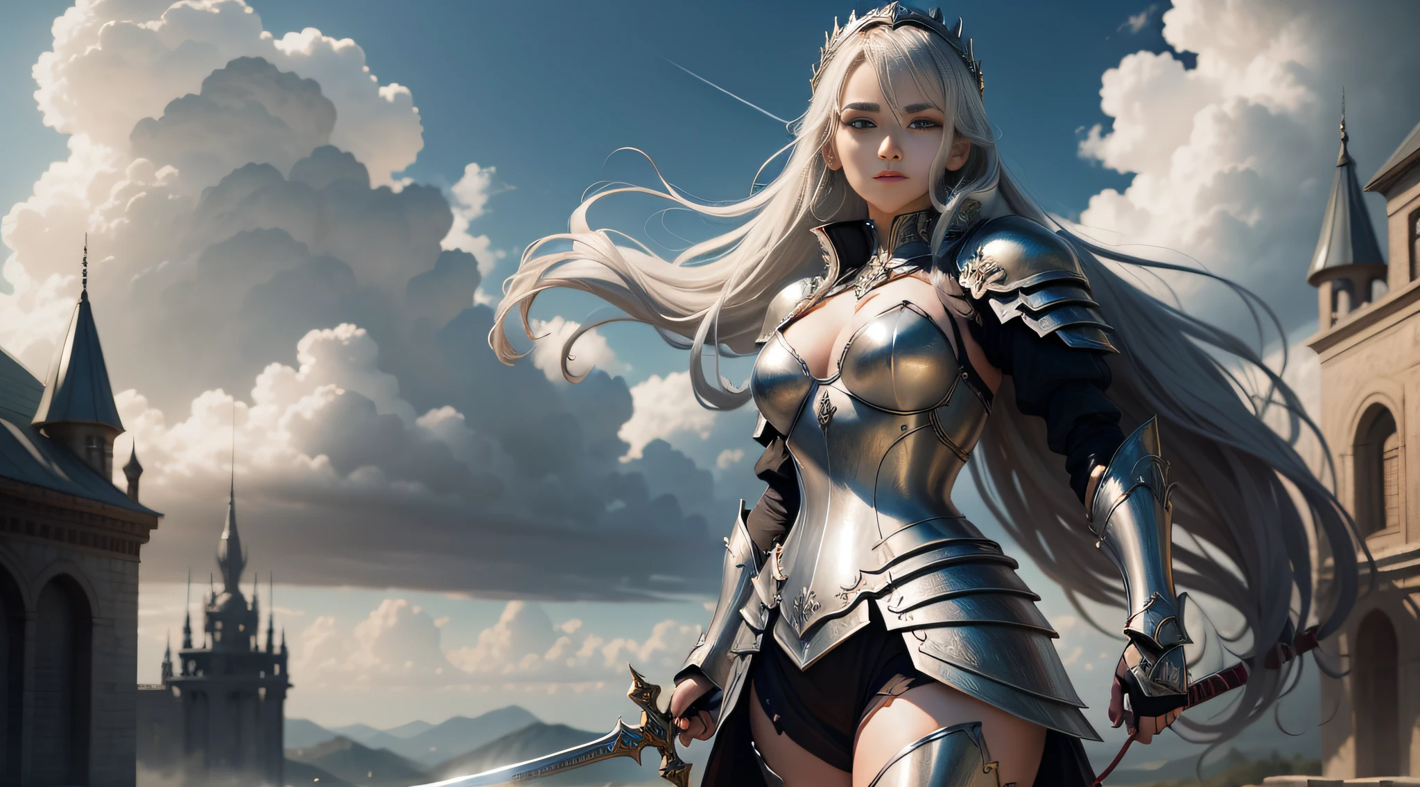 Anime queen wearing armor, holding a sword in hand, perfect body, dreamy landscape, detailed Artgerm style