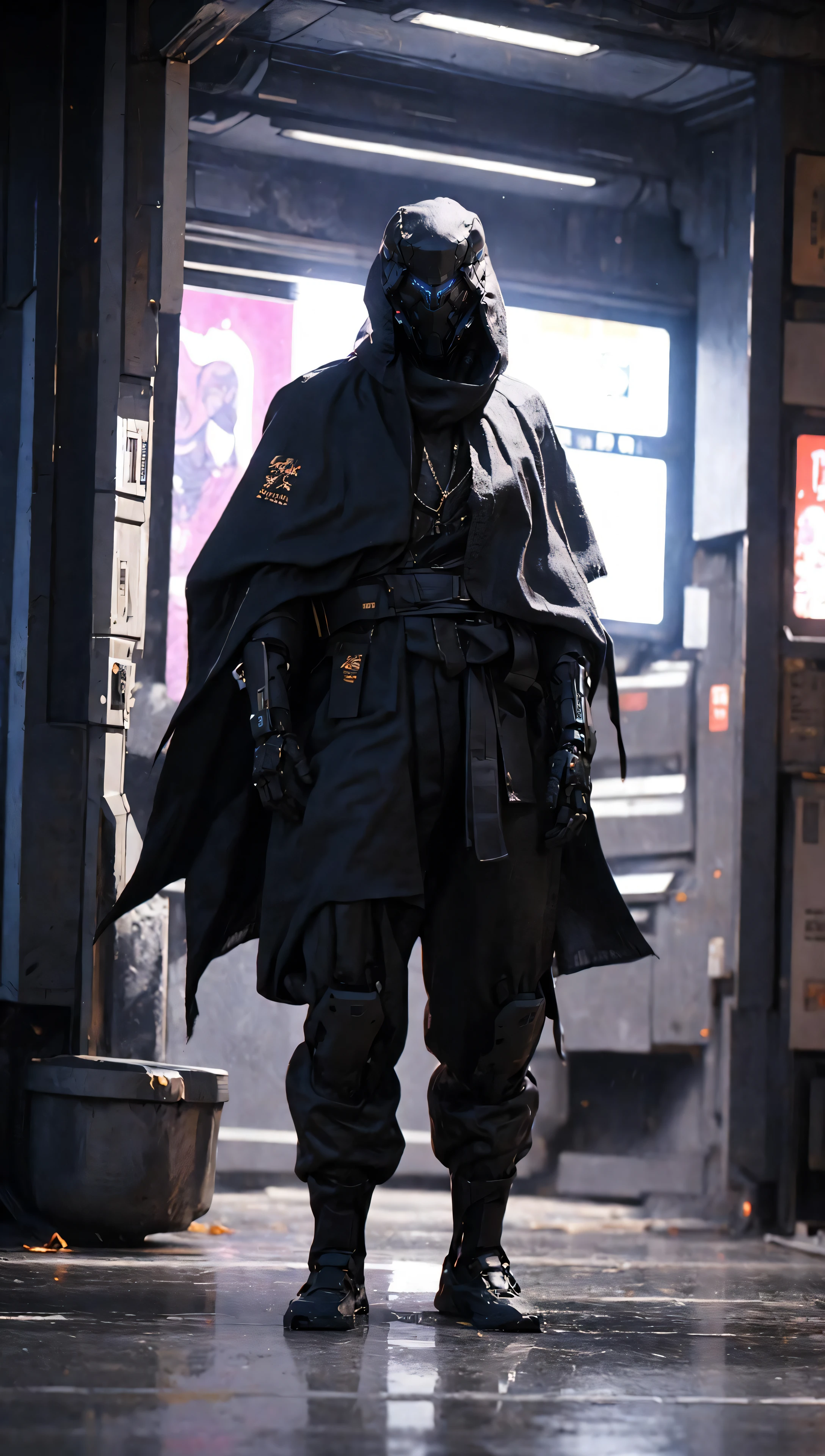 cyberfusion,Shinsengumi Haori assassin robot cyborg wearing robes cape,elite corporate security, cyberpunk shopping district