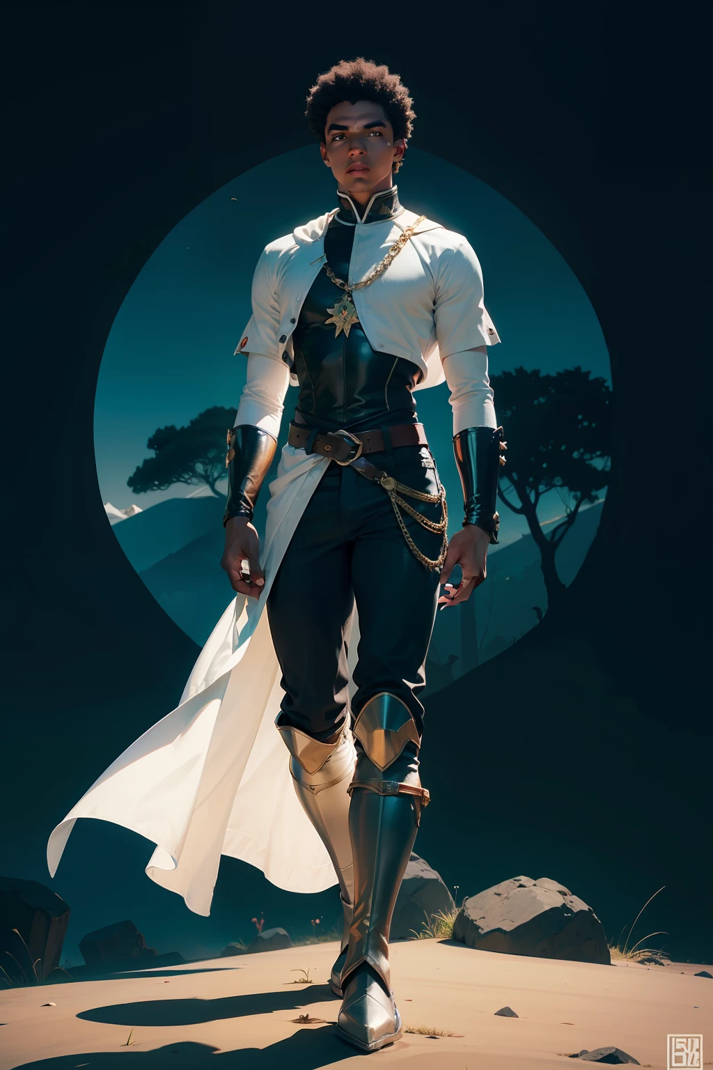realista, homem jovem, afrodescendente, pele negra, sem cabelo, bald head, Manto medieval verde, Armadura prateada, pants, Botas, corpo todo, corpo inteiro, sem fundo