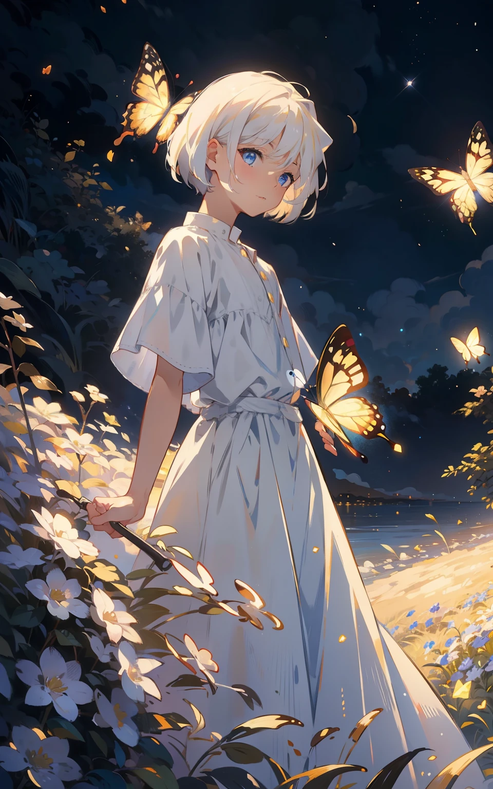 distant view, starlight, butterflies, masterpiece, best quality,HDR.UHD.4K,8K,64K,Highly detailed,ultra-finepainting,extreme detail description,Professional, 1boy, volumetric light, platinum blonde hair, bob cut, butterfly, best quality, illustration,  beautiful detailed eyes, blue eyes, pose, white costume, starry sky,  standing, from below,