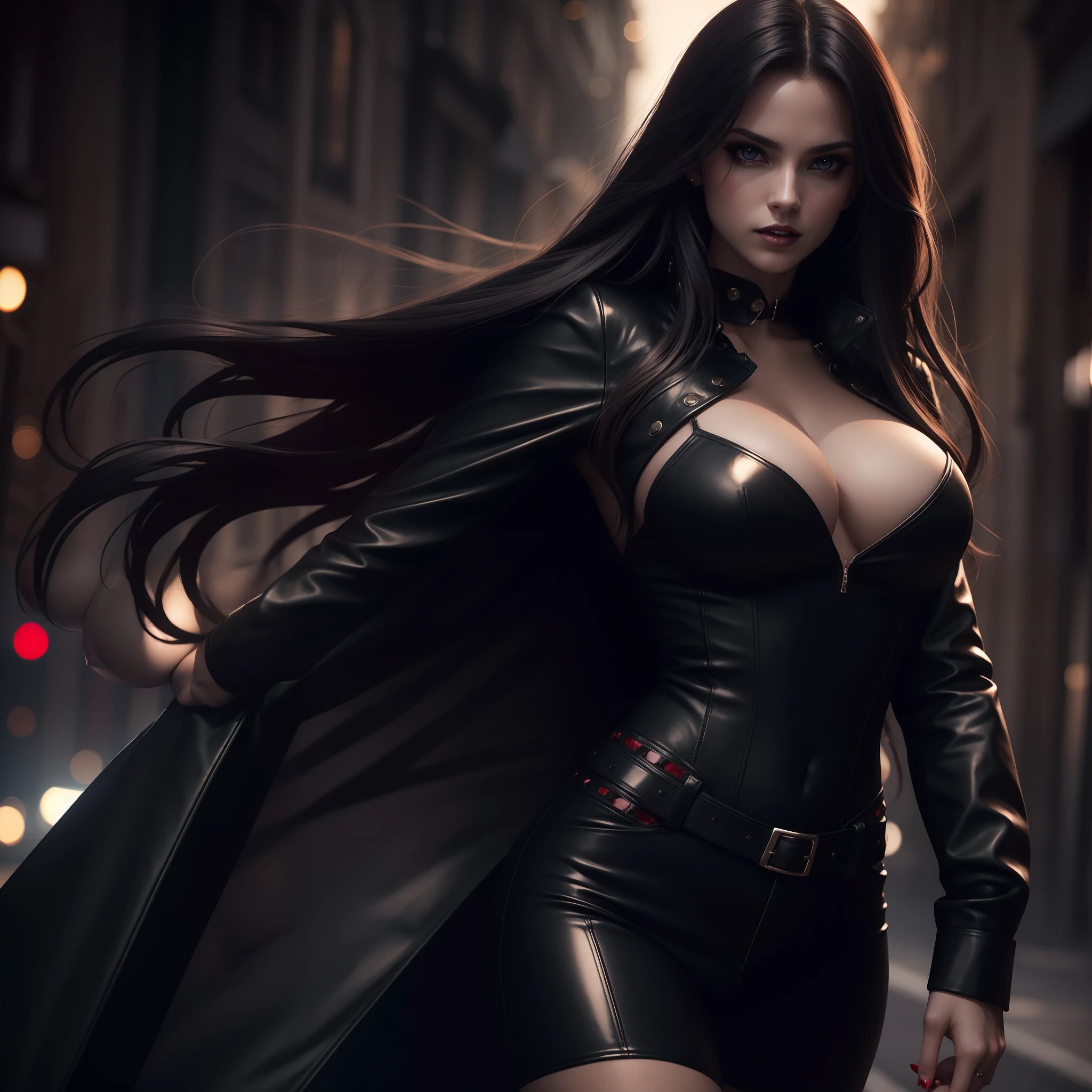 Sexy sexy sexy woman triumphant look with vampire vibes long hair on a dark night street with light on the background sexy leather top very feminine bokeh background cinematic dark lighting 16k realistic and with lots of detail