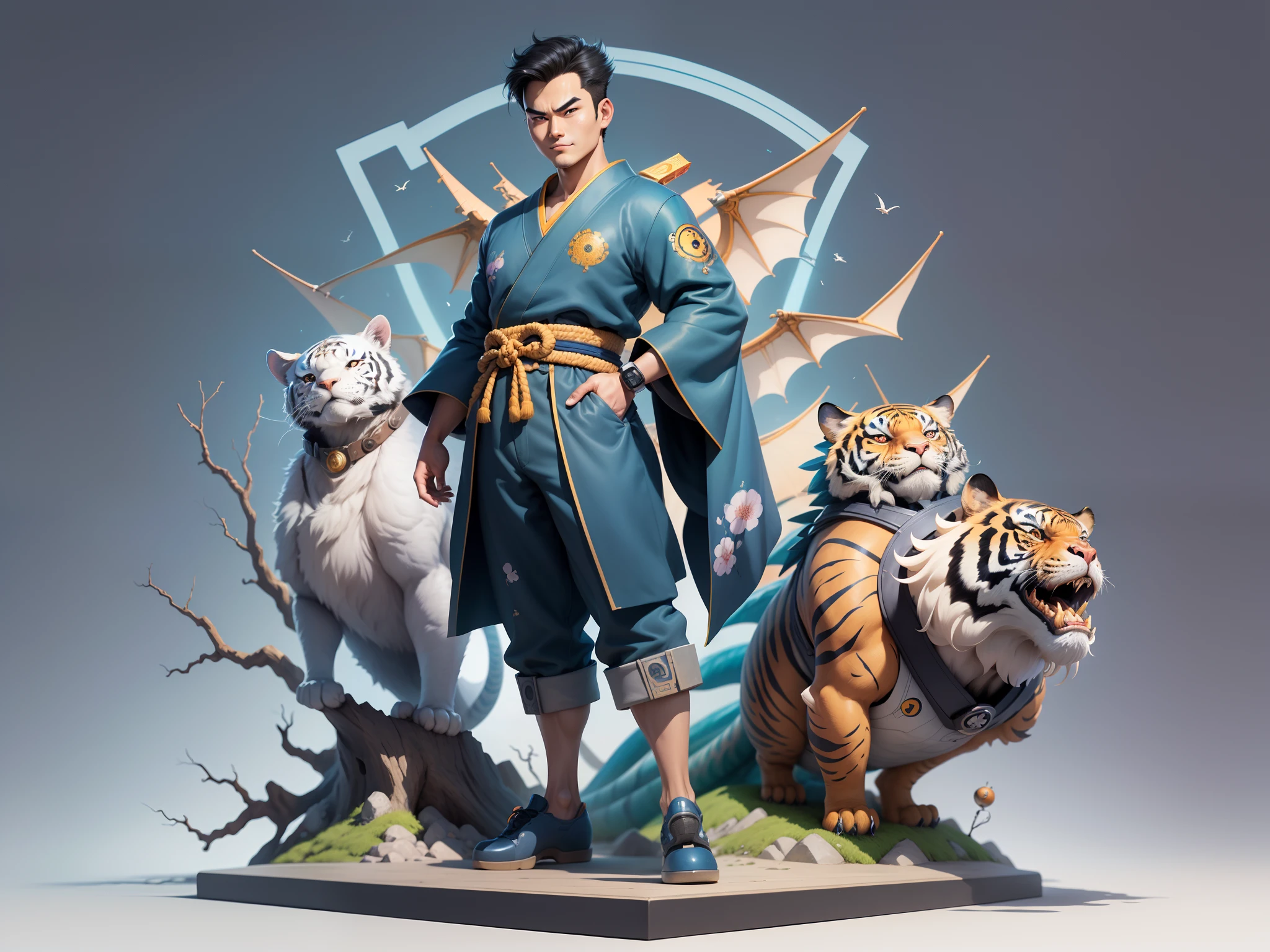 (Masterpiece), (Excellent), (Super Meticulous), (Full Body: 1.2), Super Young Man, Oriental Face, Japanese Kimono, Japanese Wind Thunder God, Dragon, Tiger, TV Anchor, Bust Portrait Illustration, Alone, Black Suit, Blue Tie, Slightly Chubby Face, Very Clean Face, No Beard, Black Super Short Hair, Black Eyes, Confident Smile, 3c Computer Sub-Products, iPad, iPhone, Digital Painting, 3D Character Design by Akira Toriyama and Mark Claireden and Pixar and Hayao Miyazaki, The illustration is a high-definition illustration in 4K resolution with very detailed facial features and cartoon-style visuals.