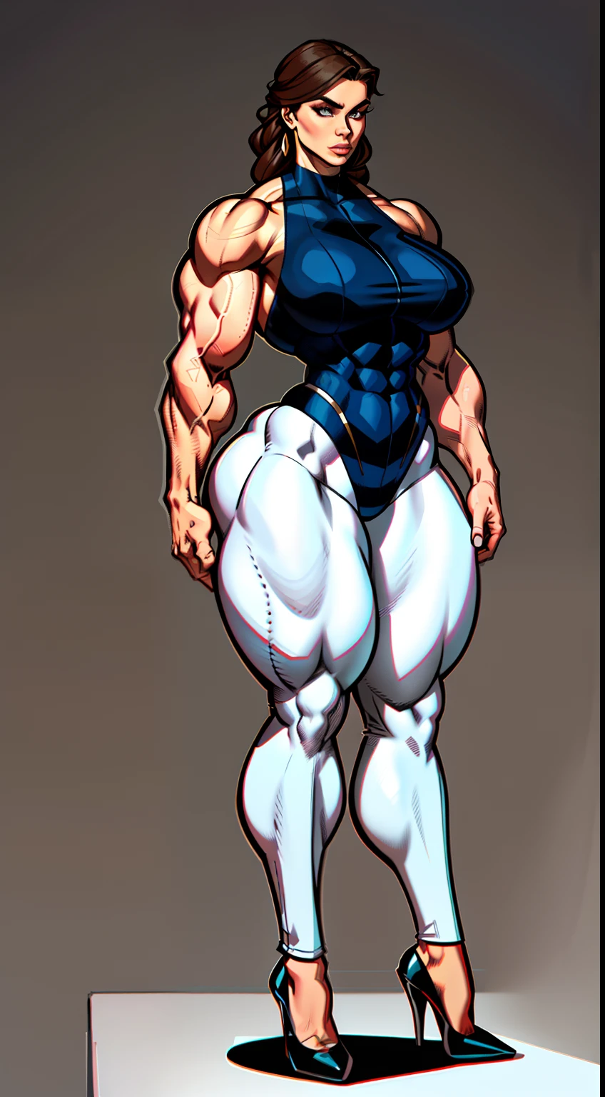 tmasterpiece,Photorealsitic,ultra fine detailed,The best lighting,Full body like,Burly woman,standing on your feet,Exaggerated large muscles,tightsuit,skinny pants,high-heels,Mature and charming European woman face, Single female,Thin waist,Very broad shoulders, Strong and powerful arms,Thick shoulders,large biceps,Big triceps,Strong and powerful leg muscles,thick leg,thick calf,long leges