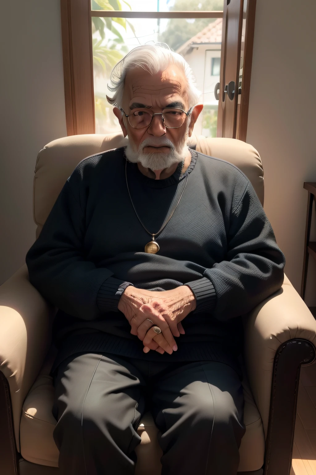 homem velho (cerca de 80 anos de idade) pele preta, desgastado, cabelos brancos, olhos evidentes, olhos castanhos, expression marks on the face in high quality, olhos brilhantes e vividos, wearing sweater, a black pants, qualidade exepcional, olhando para frente, casa velha, sitting in a comfortable armchair, raia de luz solar batendo no rosto, pose casual, esthetic, intrincada, caustic, raios de luz, luz solar, imagem frontal,