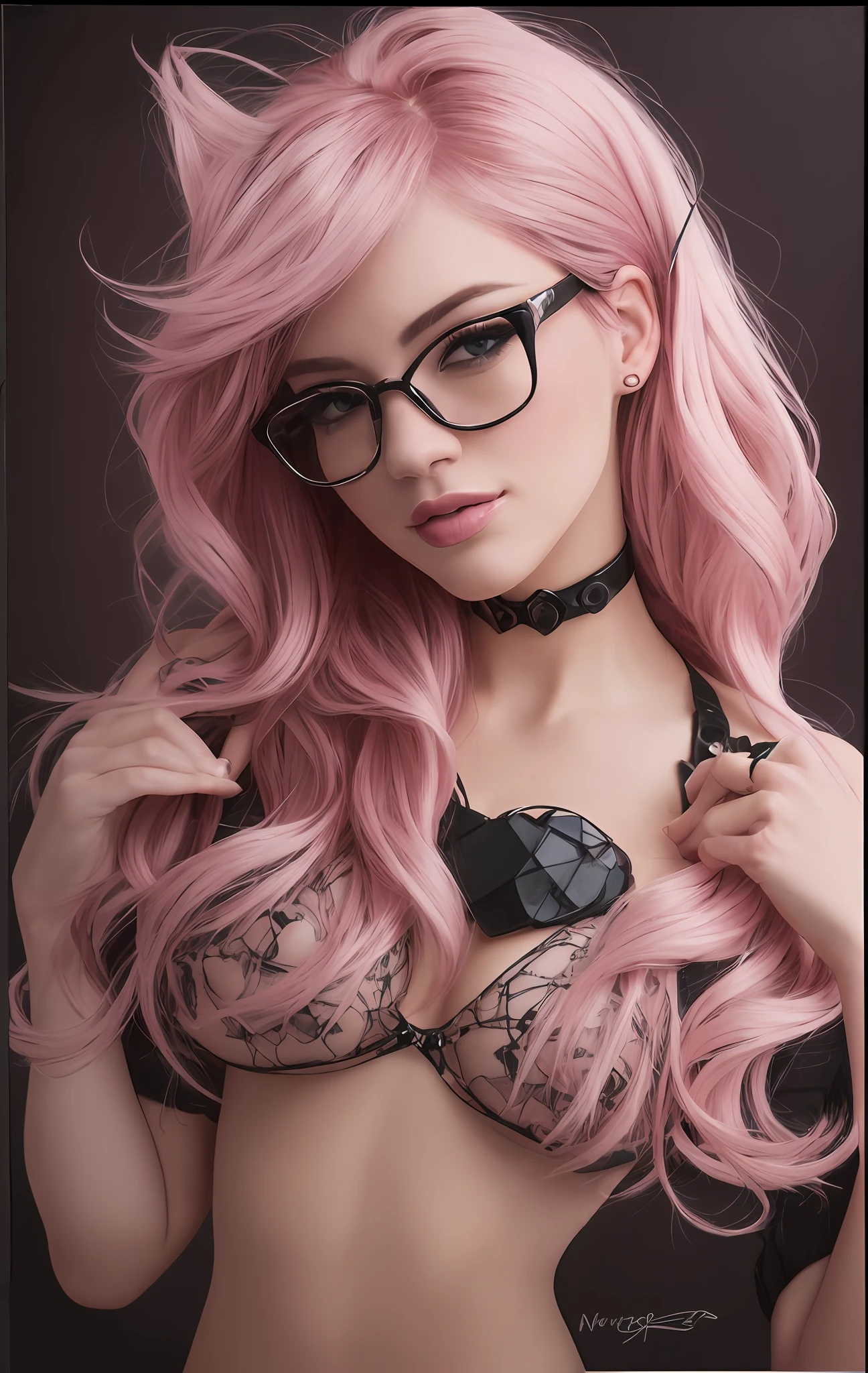 a close up of a woman with pink hair and glasses, extremely detailed artgerm, in the style artgerm, Cleavage, big breasts, facing the camera, portrait, Nikon z fx, lens 35 mm, blur background, margot