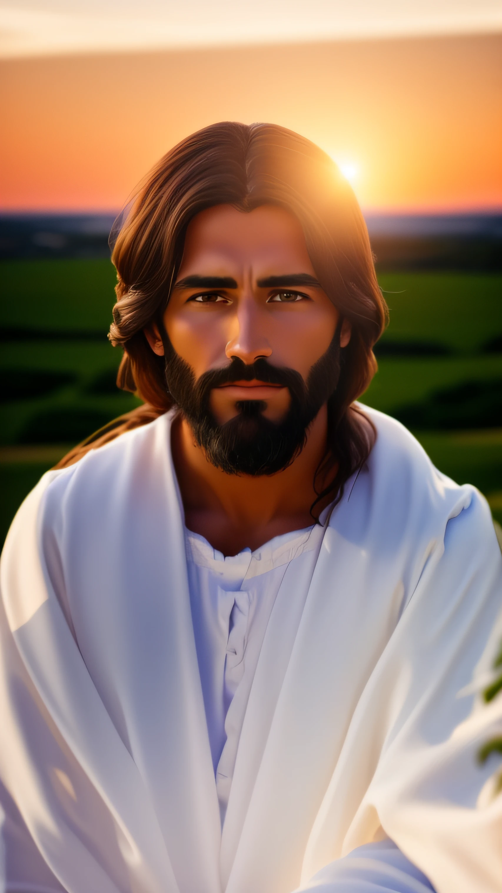 jesus cristo, Jesus Christ of Nazareth. paisagem natureza ao fundo, alto detalhe, realismo social, surrealismo, profundidade de campo, cinematic lighthing, chromatic aberration, desfocado, reflection light, ray tracing, artefatos jpeg, sombra, super detalhe, detalhes elevados, alta qualidade, melhor qualidade, 16k  –s2