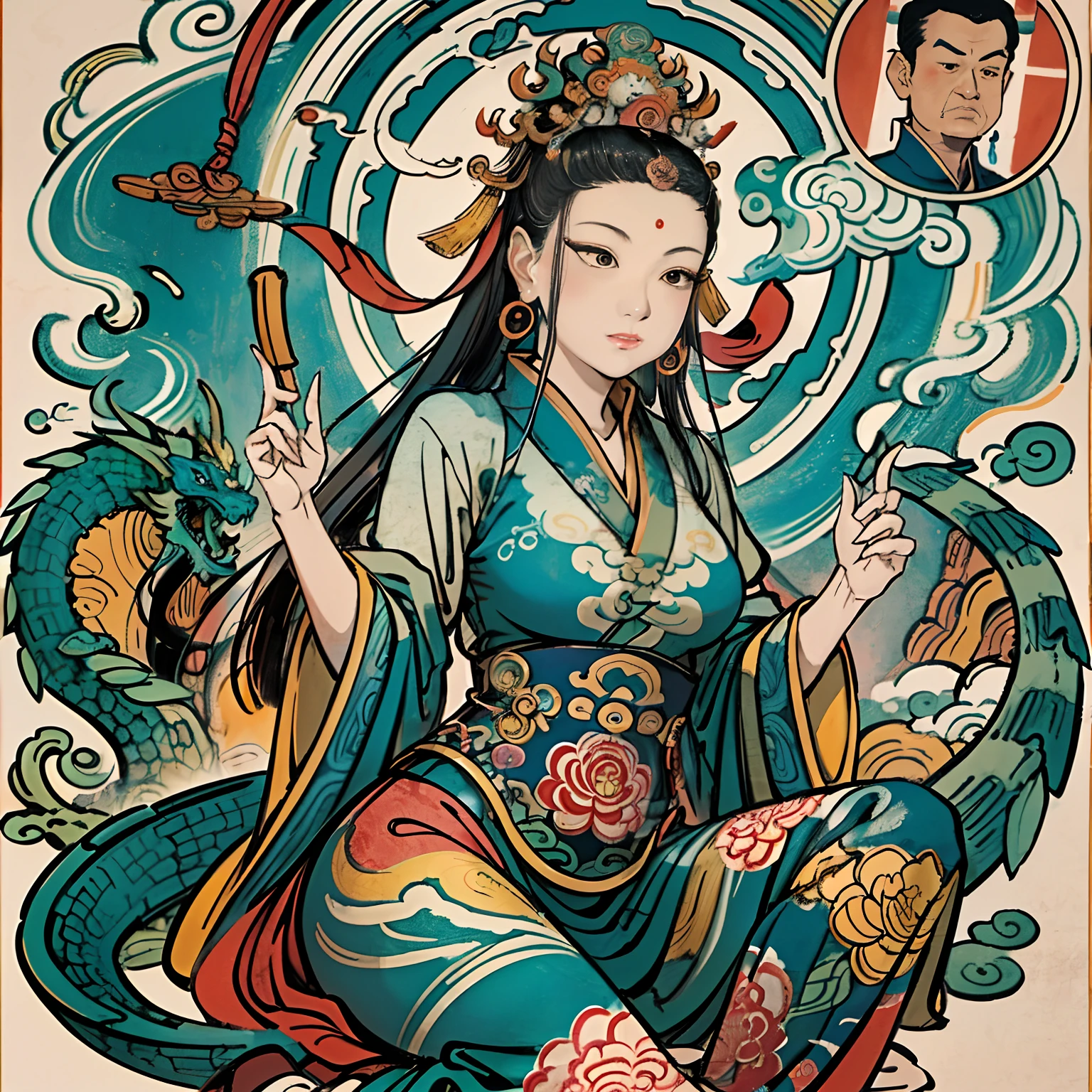 an ancient Chinese goddess, guanyin of the southern seas, Guanyin, Inspired by India, Avalokiteshvara rides a dragon,,Serene expression,shui mo hua,Buddha,Buddhist,Lotus,Chinese painting style,Thangka style