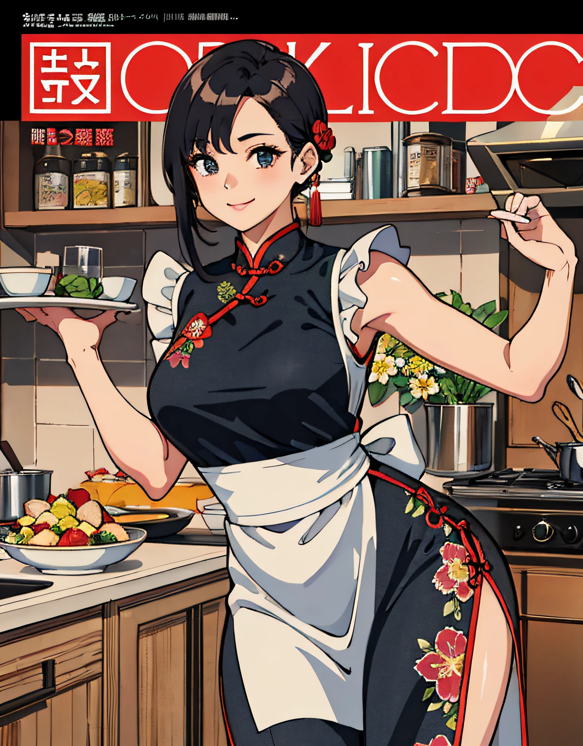(Best Quality, Masterpiece), Women's Culinary Magazine Cover, 1girl, 30 age old, Amazing, adolable, A heartwarming smile, Hourglass figure, Wear floral dresses, aprons, delicacies, charactor, schematics, The advertisement Chinese,magazine title,Black skin,China Cheongsam