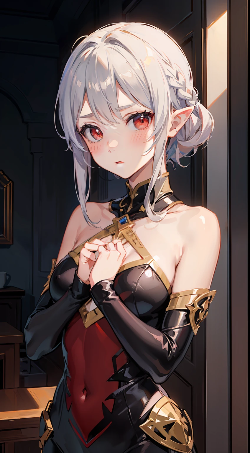 ((​masterpiece:1.2、top-quality)), ((Put your hands on your chest)), ((Shy face)), ((Troubled eyebrows)), ((red blush)), 1 Whole body of a girl, elvish, ((silber hair)), Red Eyes, bob cuts, Braided hair, rubbersuit, Black bodysuit, inside in room, speculum, gender change, concept-art, beautiful anime scene, Beautiful anime scenery, top-quality, ​masterpiece