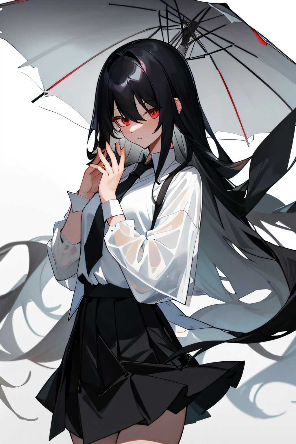 Masterpiece((tmasterpiece)),Kizi,(White color blouse),((black micro skirt)),black necktie,(Translucent black silk),adolable,is shy,(Long black hair),,long leges,Roadside。ultra - detailed,Two hands,Two legs,Five fingers