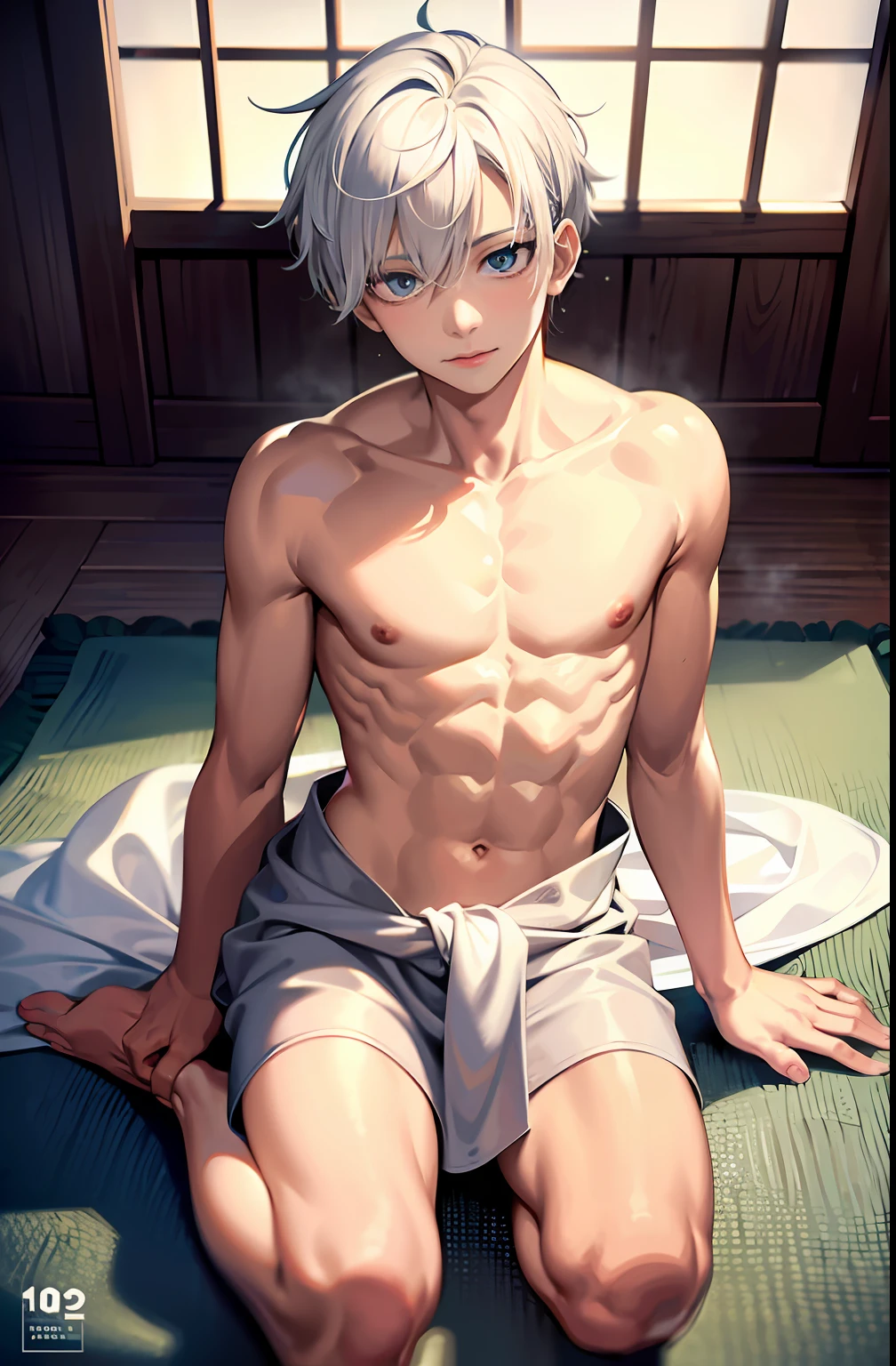 masterpiece, best quality, high quality, 1boy,, , duo, male focus, full body, looking at viewer, white hair,spiky hairstyle, short hair, steam smork, japan style, anime coloring, shy, home muji style, detailed face, topless, white towel on waist,