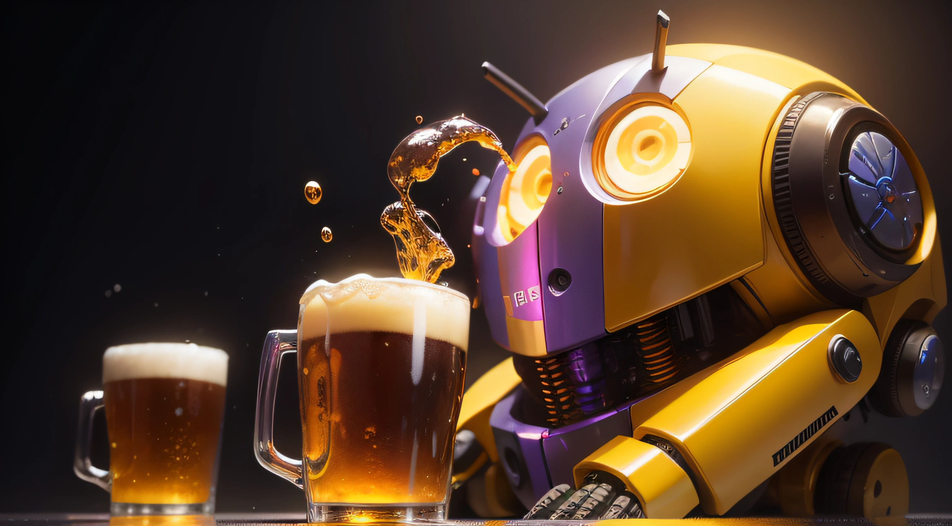 A robot with a brain melting with beer, com as cores amarelo e roxo