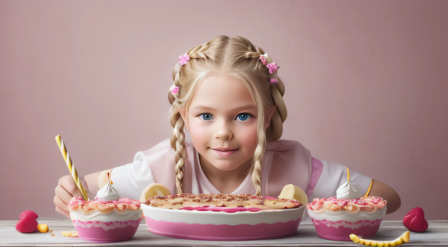 girl CHILD , Russian blonde in braids, Banana split