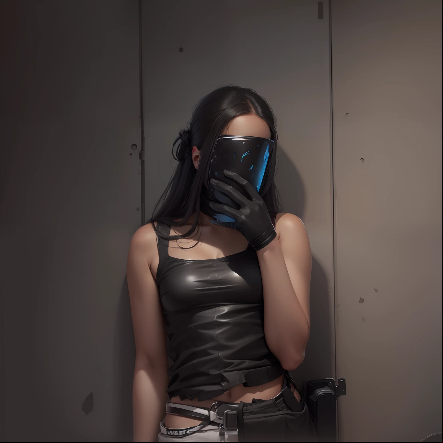 Make this girl's top black and change background to grey color and picture should look realistic
