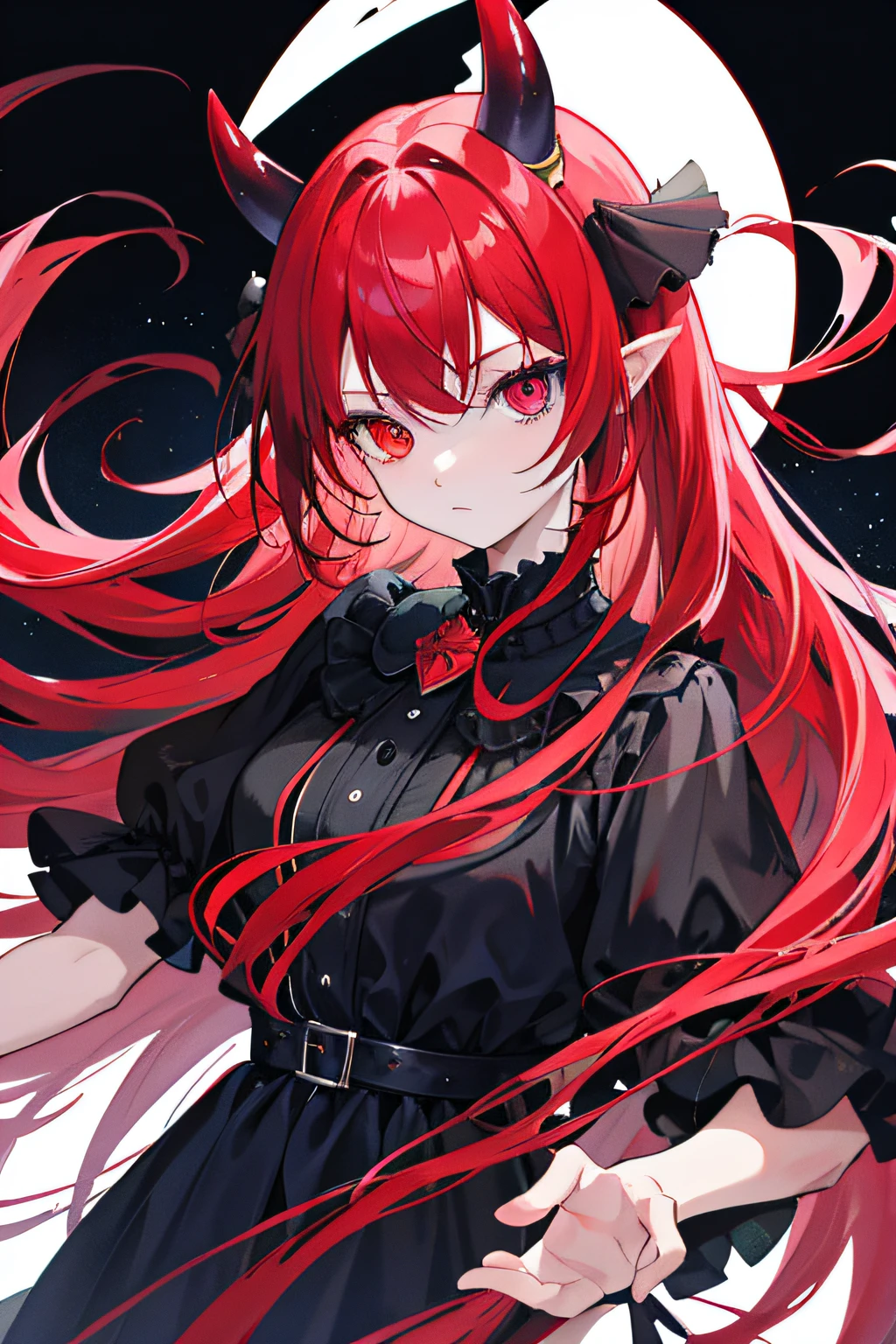 Devil girl with long red hair, Eyes with blue and red heterochromia and black dresses