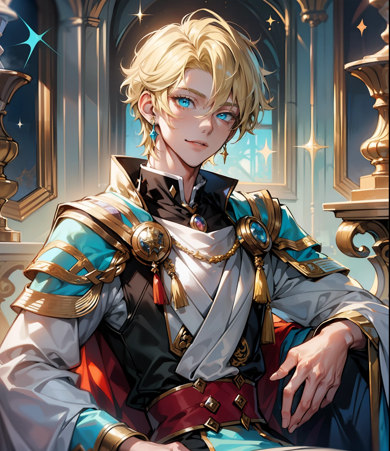 (tmasterpiece), portraite of a, 1boy, amazing quality, Detailed knight-prince, Age 16 years, (Sparkly light, hair light, blonde man), Cyan eyes, ssmile, inspiration, Breathtaking speech, upper-body, Princely clothes, Joyful posture, Hands to the sides