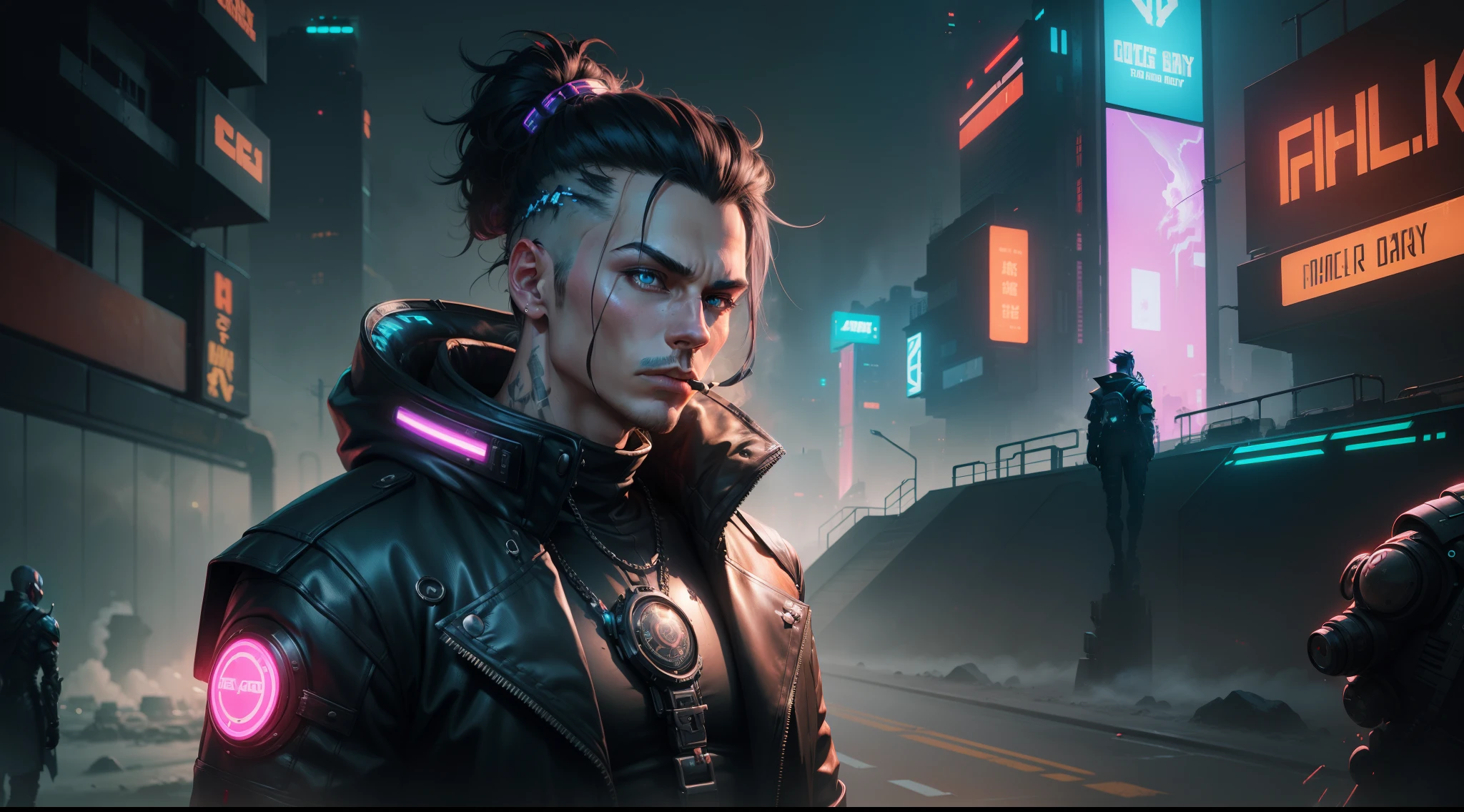 ((1 male is hard boiled)), cyber smoking, thick oil painting, rich colors bold, black neon lighting, detailed cyber punk and dark fantasy and steam punk mix landscape background, super fine detailed texture, mega city with wildlife, 1000 years into the future,