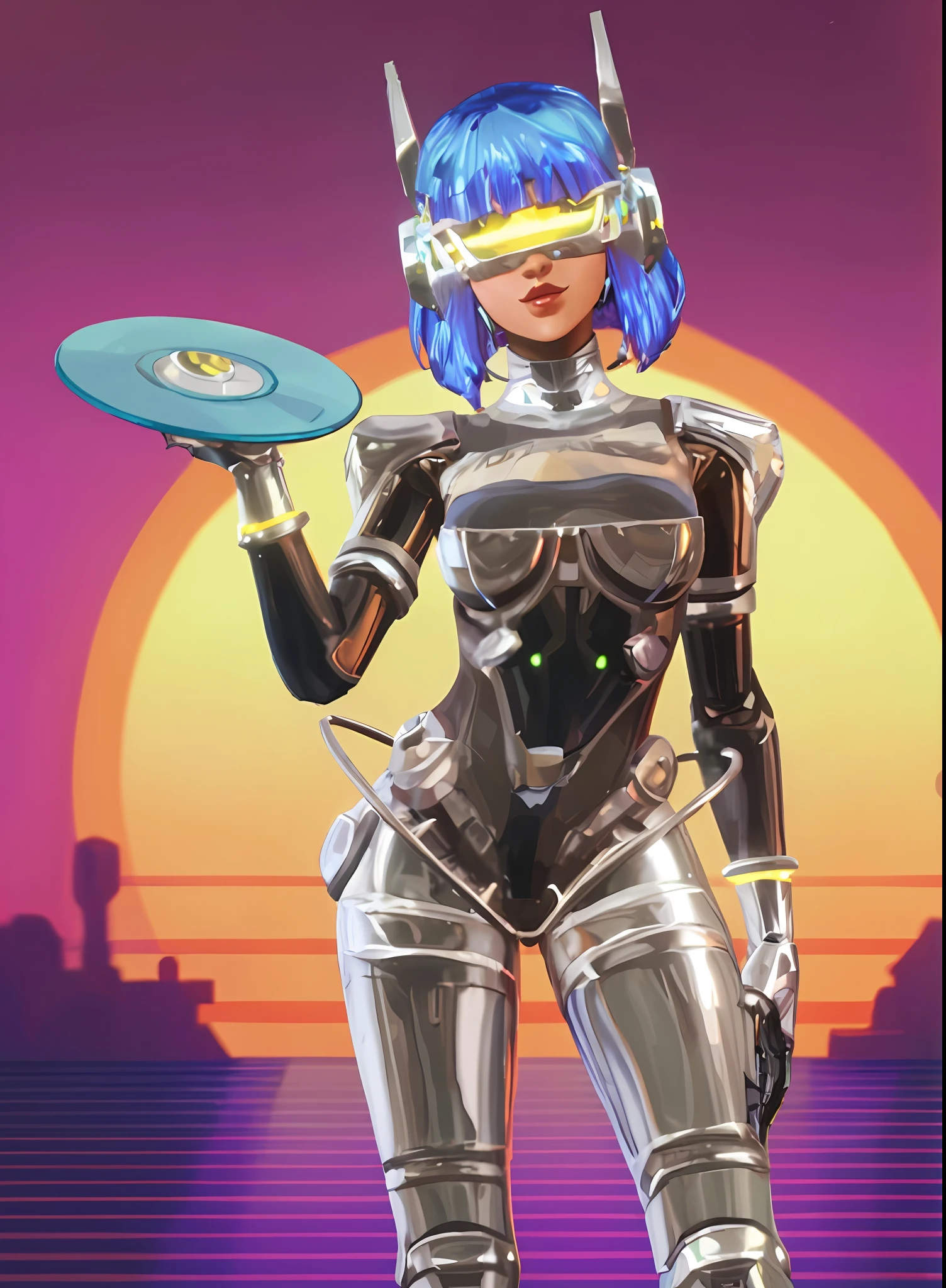 Robot girl with short blue hair with silver dress