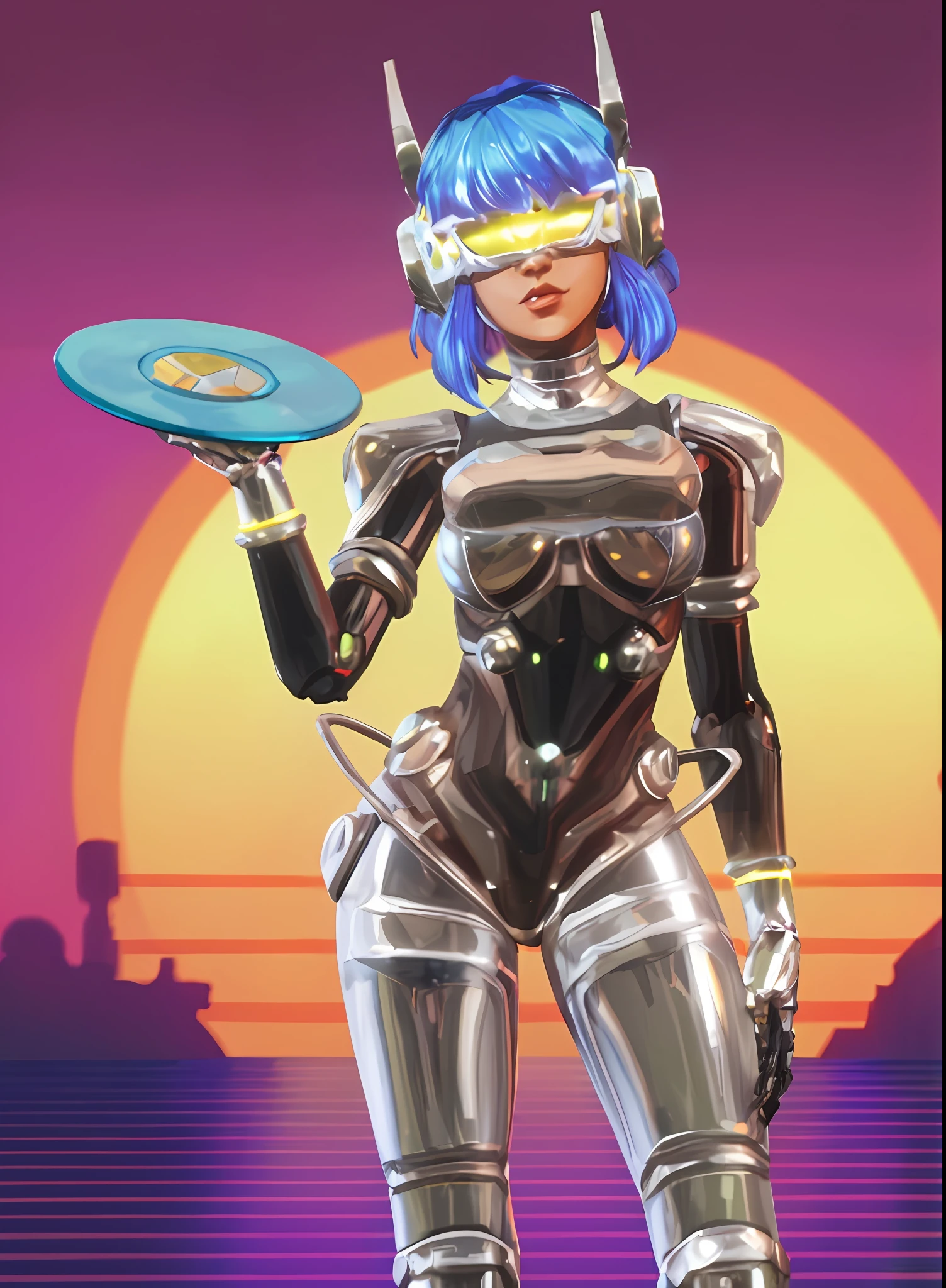 Robot girl with short blue hair with silver dress