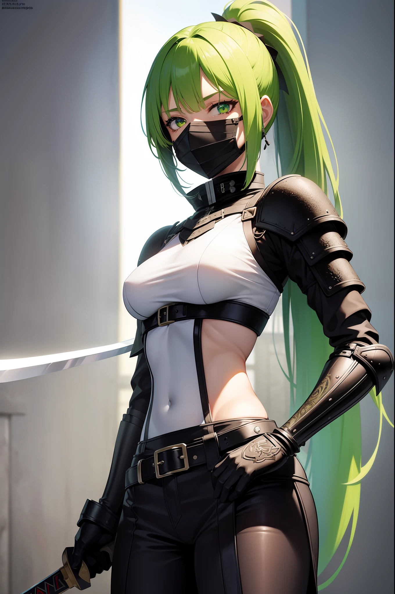 masterpiece, highres, best quality, raven armor, 1girl, solo, split colored(green) (white) hair, badass, multicolored eyes, high quality artstyle, ultra detailed, quality shadows, 8K, ponytail, holding an straight sword, leather face mask across the mouth
