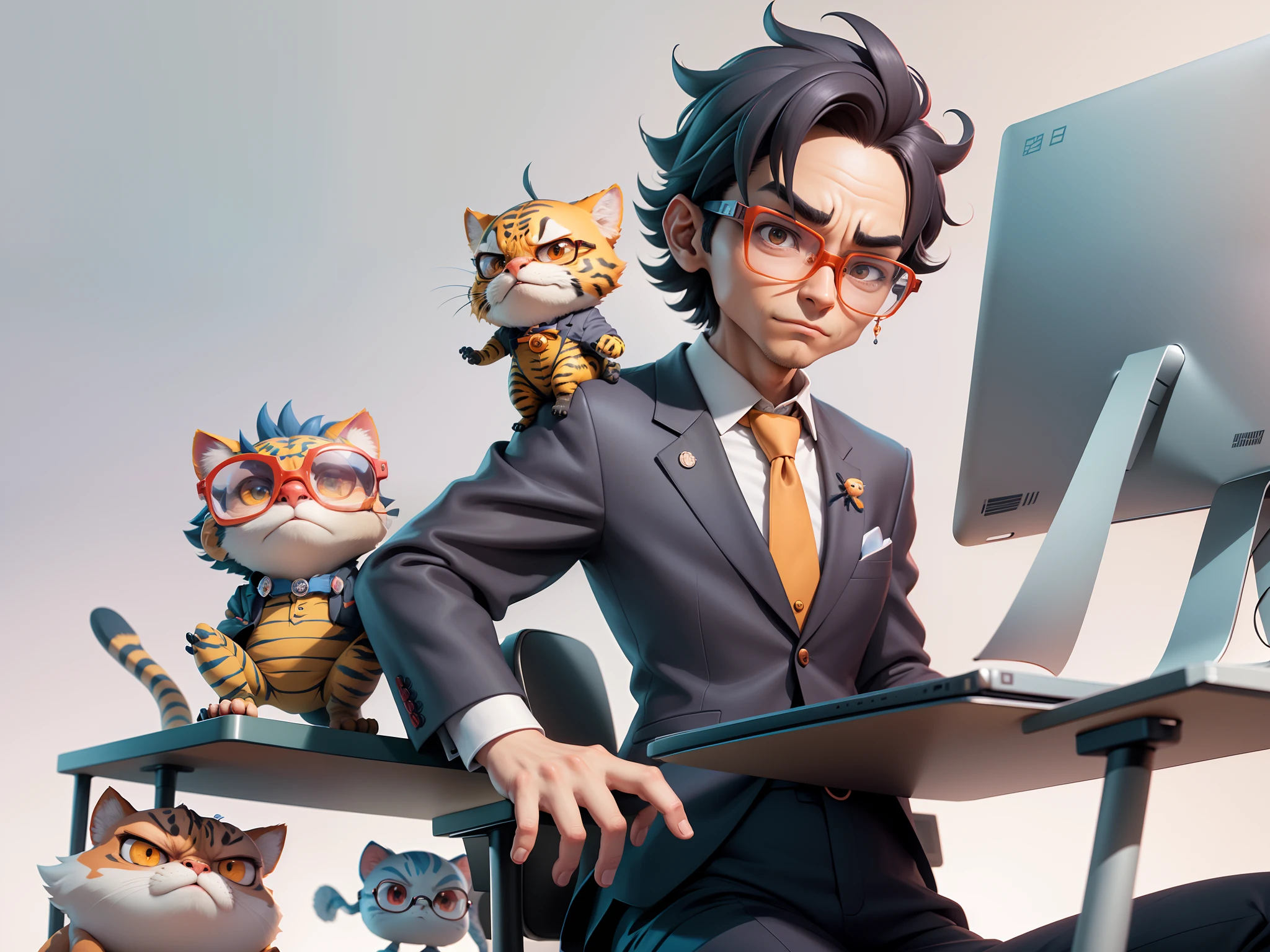 A young man in a suit, Short hair and glasses sat at his desk，holding laptop，digitial painting，tigre，3D character design by Mark Clairen and Pixar and Hayao Miyazaki and Akira Toriyama，4K HD illustration，Very detailed facial features and cartoon-style visuals。