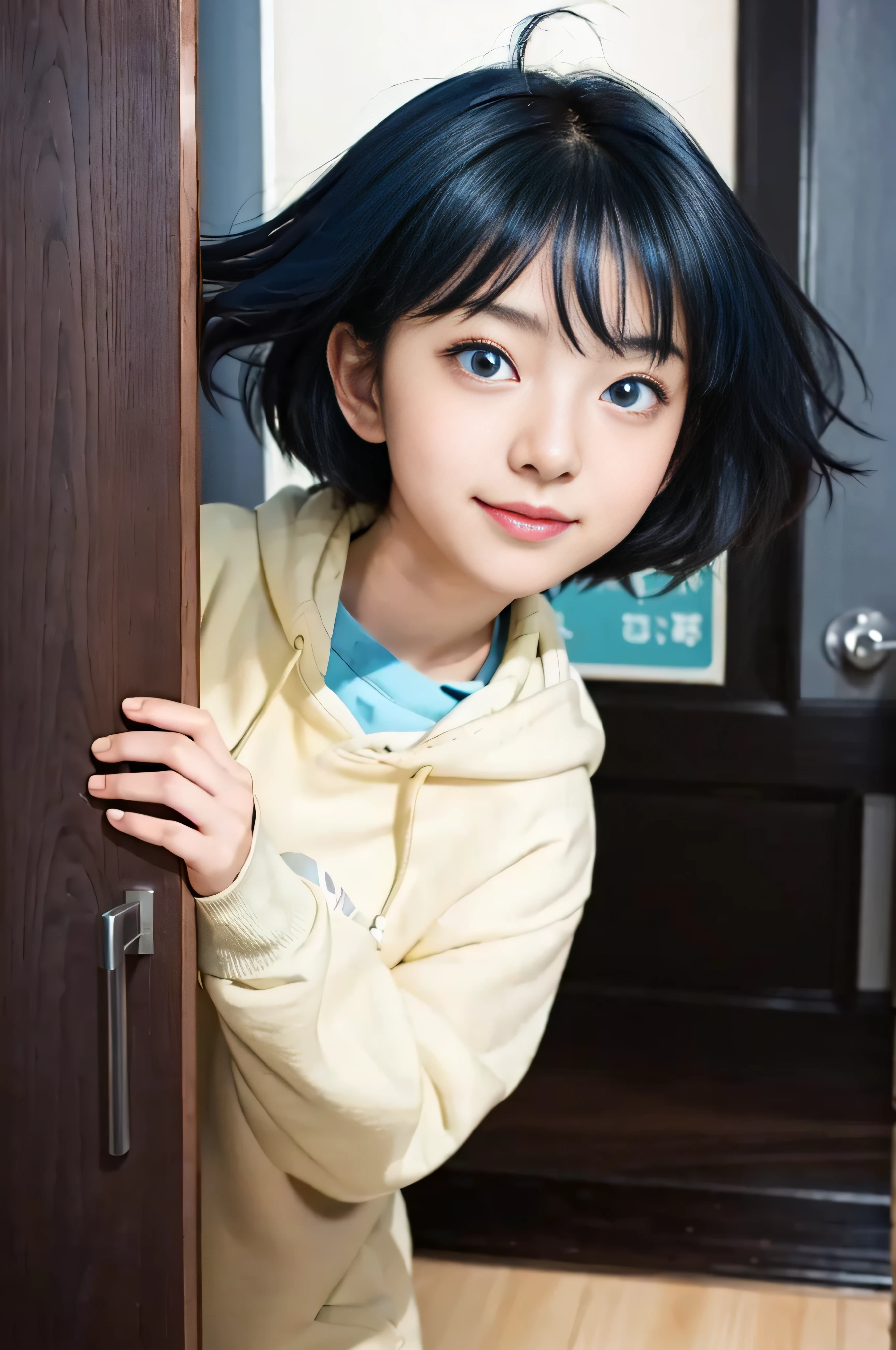 anime girl with black hair and ((blue eyes)) peeking out of a doorway, anime visual of a cute girl, Himawari hyuga, anime moe artstyle, iwakura lain, in the anime film, black haired girl wearing hoodie, nagatoro, today's featured anime still, anime visual of a young woman, lain iwakura