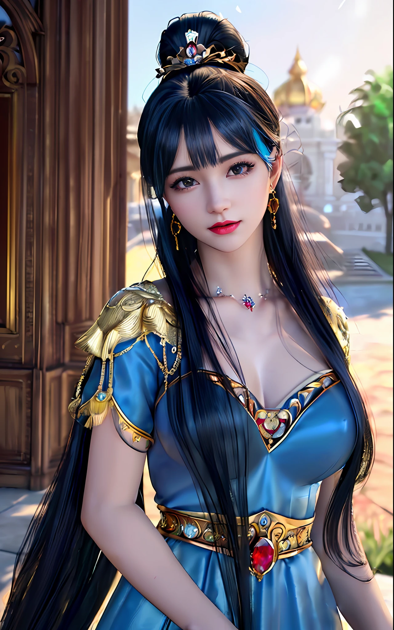 ((realisticity: 1.2)), ((best resolution: 8K UHD)), best quality,masterpiece,highres,cg,
((1 super detailed and super realistic girl)), ((very beautiful queen dazzling, super realistic, and super detailed)),((white skin, beautiful, smooth, youthful, super realistic and super detailed
)), long hair, ((super realistic and super detailed dress)), solo, ((super realistic, super beautiful, gorgeous and super detailed jewelry)), ((super beautiful, super realistic and super detailed dark red and golden yellow dress)),
((super beautiful, super realistic, super detailed diamond filled earrings)),
((super beautiful, super realistic and super detailed diamond filled hair ornament)), ((super beautiful upper body, super beautiful, super realistic and super detailed)), ((big breasts: 2.5)),
((super grand, super realistic and super detailed royal palace backgroun))
((super beautiful, super beautiful, super realistic and super detailed hair bun)), ((super beautiful, super realistic and super detailed blue hair)),
candid, Photograph, high resolution, 8k,Bokeh,
