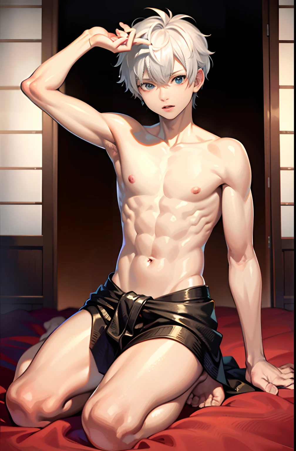 masterpiece, best quality, high quality, 1boy,, , duo, male focus, full body, looking at viewer, white hair,spiky hairstyle, short hair, steam smork, japan style, anime coloring, shy, home muji style, detailed face, topless, white towel on waist,