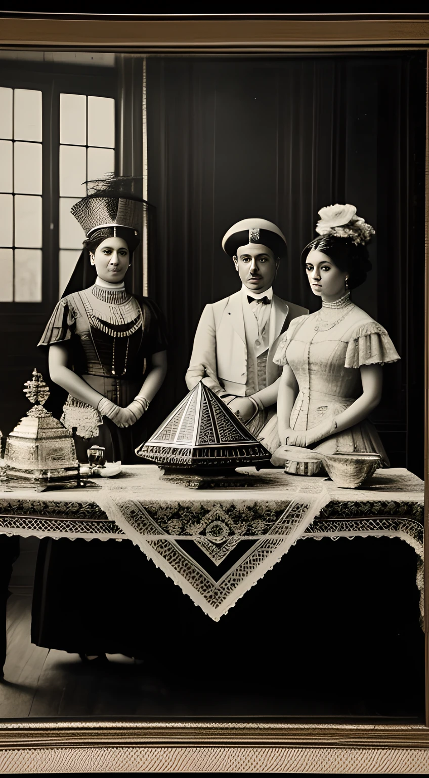 "A vintage photograph capturing the elegance of the Victorian elite, lavishly dressed in their finest attire, mesmerized by the enigmatic presence of an Egyptian mummy resting on a table, adorned with intricately wrapped linens, creating a captivating centerpiece for the event."