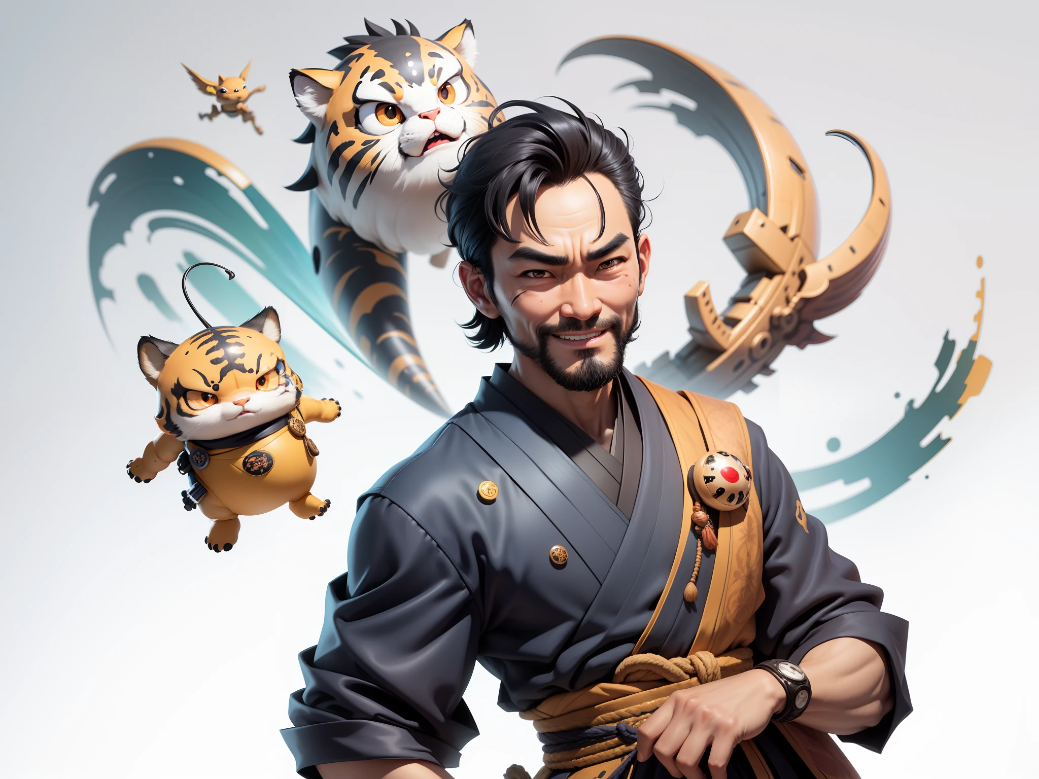 (Daisaku),(Need),(Super meticulous),(full bodyesbian:1.2),Super young man with Japanese geisha,Beautiful,orient,one tiger,Aeolian Thor,Raised sexy,爆乳,Oriental face,TV Anchor,Bust portrait illustration,In black suit,a blue tie,The face is slightly chubby,The face was clean,without a beard,Black super short hair,Black eyes,Smile confidently,3C computer sub-products,iPad, iphone,Digital painting,3D character design by Mark Clairen and Pixar and Hayao Miyazaki and Akira Toriyama,The illustration is a high-definition illustration in 4K resolution,With very detailed facial features and cartoon-style visuals。
