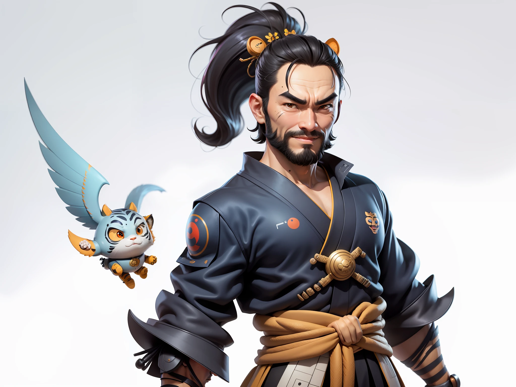 (Daisaku),(Need),(Super meticulous),(full bodyesbian:1.2),Super young man with Japanese geisha,Beautiful,orient,one tiger,Aeolian Thor,Raised sexy,爆乳,Oriental face,TV Anchor,Bust portrait illustration,In black suit,a blue tie,The face is slightly chubby,The face was clean,without a beard,Black super short hair,Black eyes,Smile confidently,3C computer sub-products,iPad, iphone,Digital painting,3D character design by Mark Clairen and Pixar and Hayao Miyazaki and Akira Toriyama,The illustration is a high-definition illustration in 4K resolution,With very detailed facial features and cartoon-style visuals。