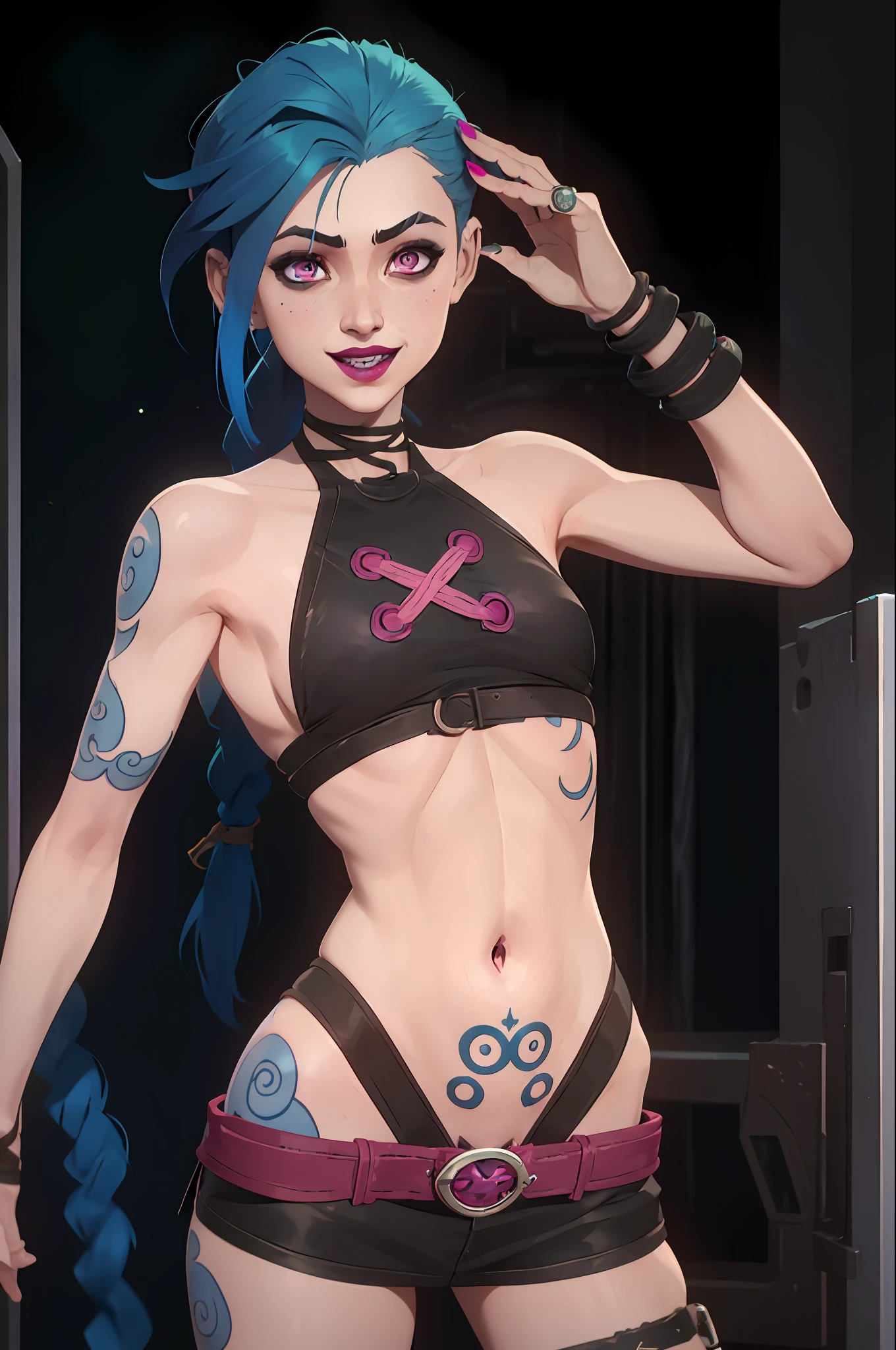 arcane style, 1girl, arm tattoo, asymmetrical bangs, bangs, blue hair, braid, cloud tattoo, looking at viewer, small tits, smiling, blured city background, green hair, long hair, midriff, pink eyes, red lips, solo, tattoo, twin braids, arcane jinx, jinx \(league of legends\), NSFW, naked