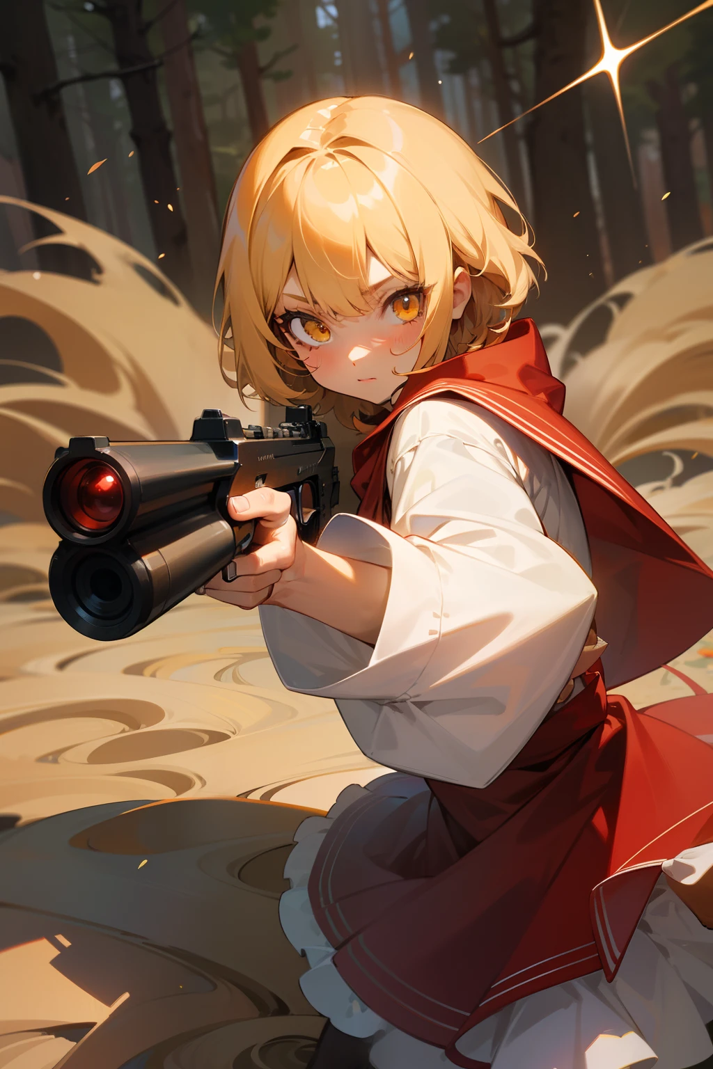 1girl in, (Golden eyes)、radiant eyes、 Shorthair with waves、a blond、、 aiming at viewer、pistols、Holding a handgun、Chewed tobacco、Dynamic Action Poses for Battle Scenes,masterpiece, detailed shadow, Detailed light, ighly detailed, top-quality, hard disk, in 8K, hightquality、Clear face、(Fighting stance、)、beautiful digital works of art、(The background is a classic forest)、Little Red Riding Hood、