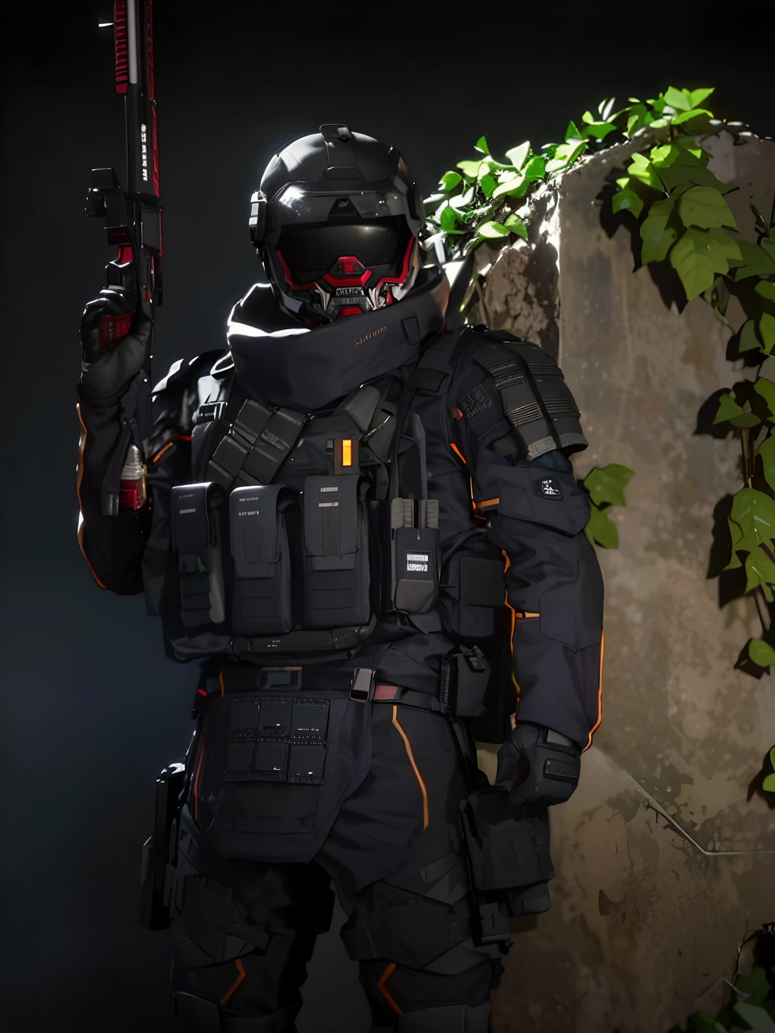 Close-up of a man in a black suit holding a gun, full soldier clothing, future combat gear, future soldier clothing, full uniform, soldier outfit, stealth suit, battle garment, spec ops mask, in a dark space mercenary outfit, cyberpunk soldier, Tactical armor, wearing techwear and armor, 8 k highly detailed ❤🔥 🔥 💀 🤖 🚀