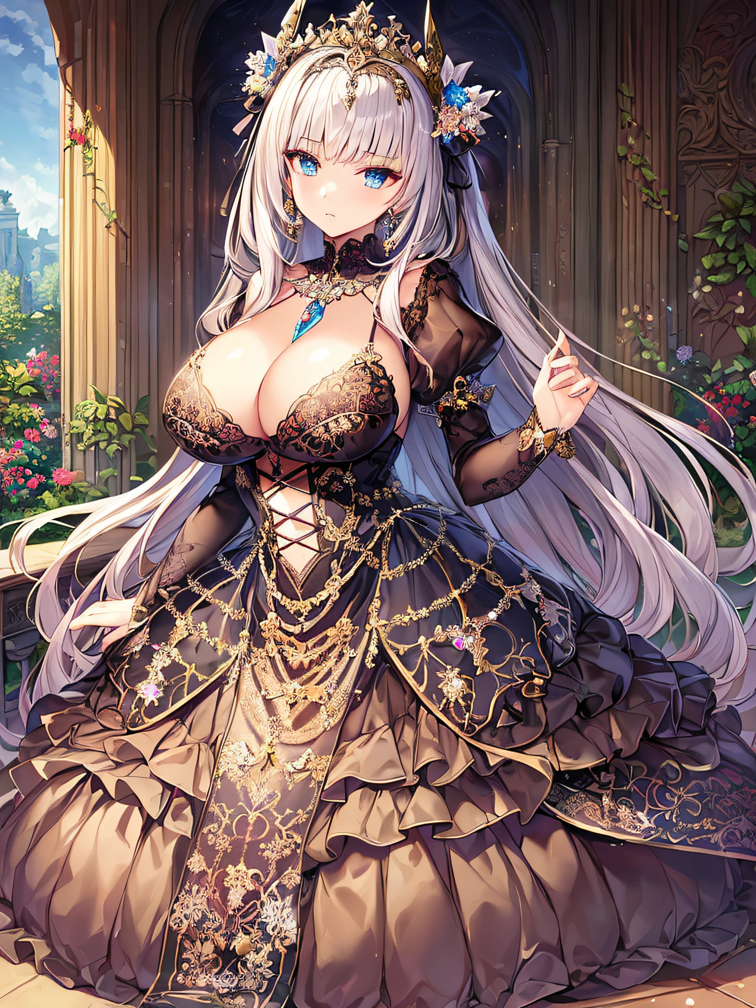 ((anime artstyle)),(Masterpiece),(Best Quality), (Super Detail),((Very Delicate and Beautiful)),(((Solo))),((full body)),(((1 girl in beautiful embroidery and jeweled gorgeous gothic dress))),Long train,(((gorgeous gemstone jewelry))),detailed face and eyes,jewel-like eyes,((extremely voluminous Very Long Hair,Straight Hair)),((gigantic tits,Long tits)),(gorgeousfull embroidery and lace),gorgeous corsage,See-through,extremely gorgeousfull hair ornament,bling-bling extremely gorgeousfull jeweled tiara,ornate ruffles,((Dynamic Angle)),Looking at viewer,outdoor,((beautiful detailed garden)),beautiful blooming flowers,((full body)),((beautiful embroidery and jeweled extremely gorgeous gothic dress))
