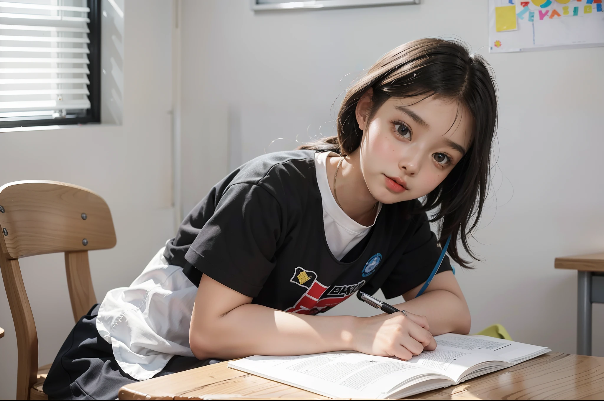 A -yeld bl girl sits at a desk in a white sunny classroom in a European
learning center, on the white wall of which children's drawings hang in a blur zone
Camera settings: focal length 35mm, shutter speed 1/60 second, aperture f/4.5,