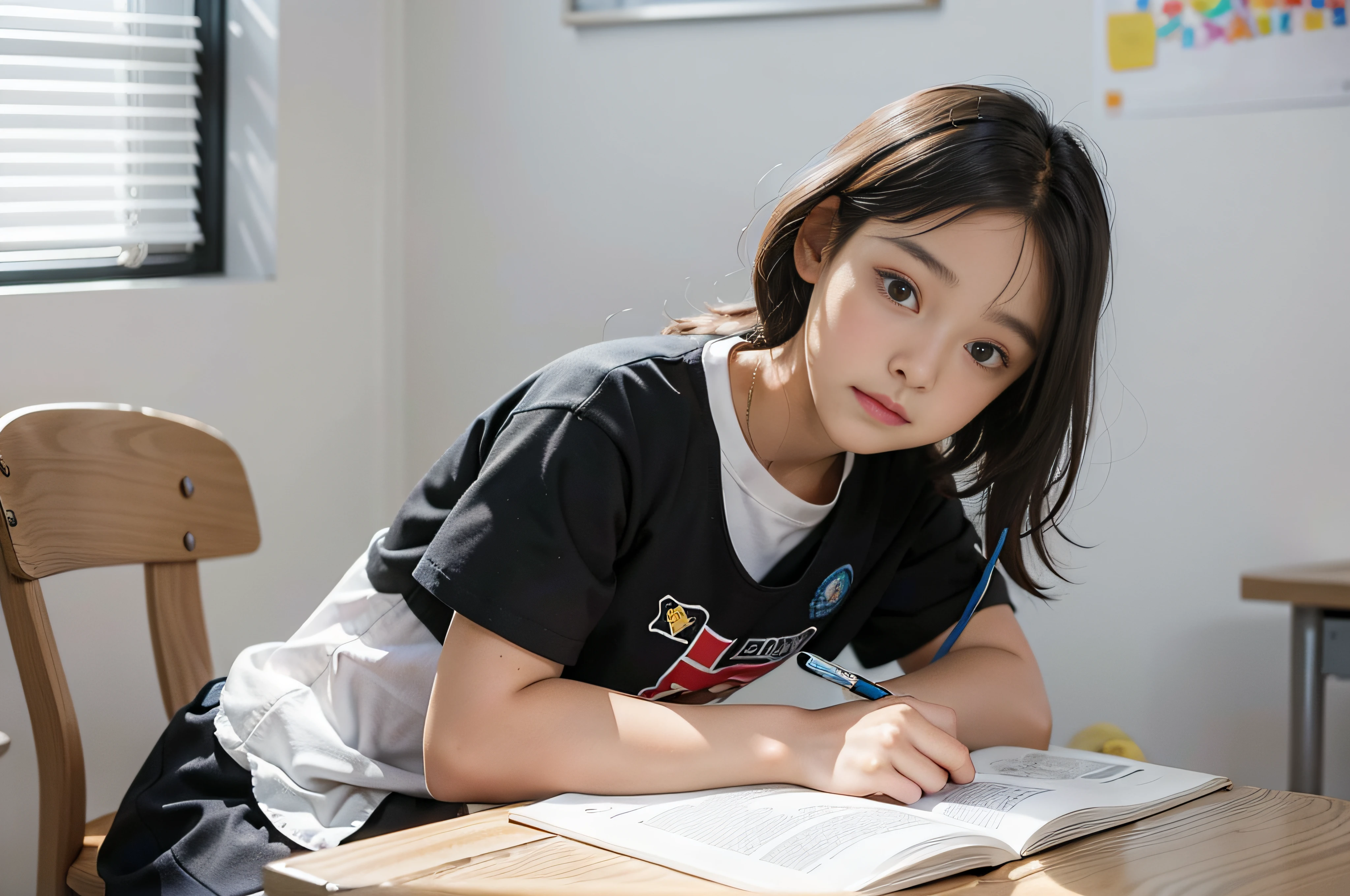 A 10-year-old black girl sits at a desk in a white sunny classroom in a European
learning center, on the white wall of which children's drawings hang in a blur zone
Camera settings: focal length 35mm, shutter speed 1/60 second, aperture f/4.5,