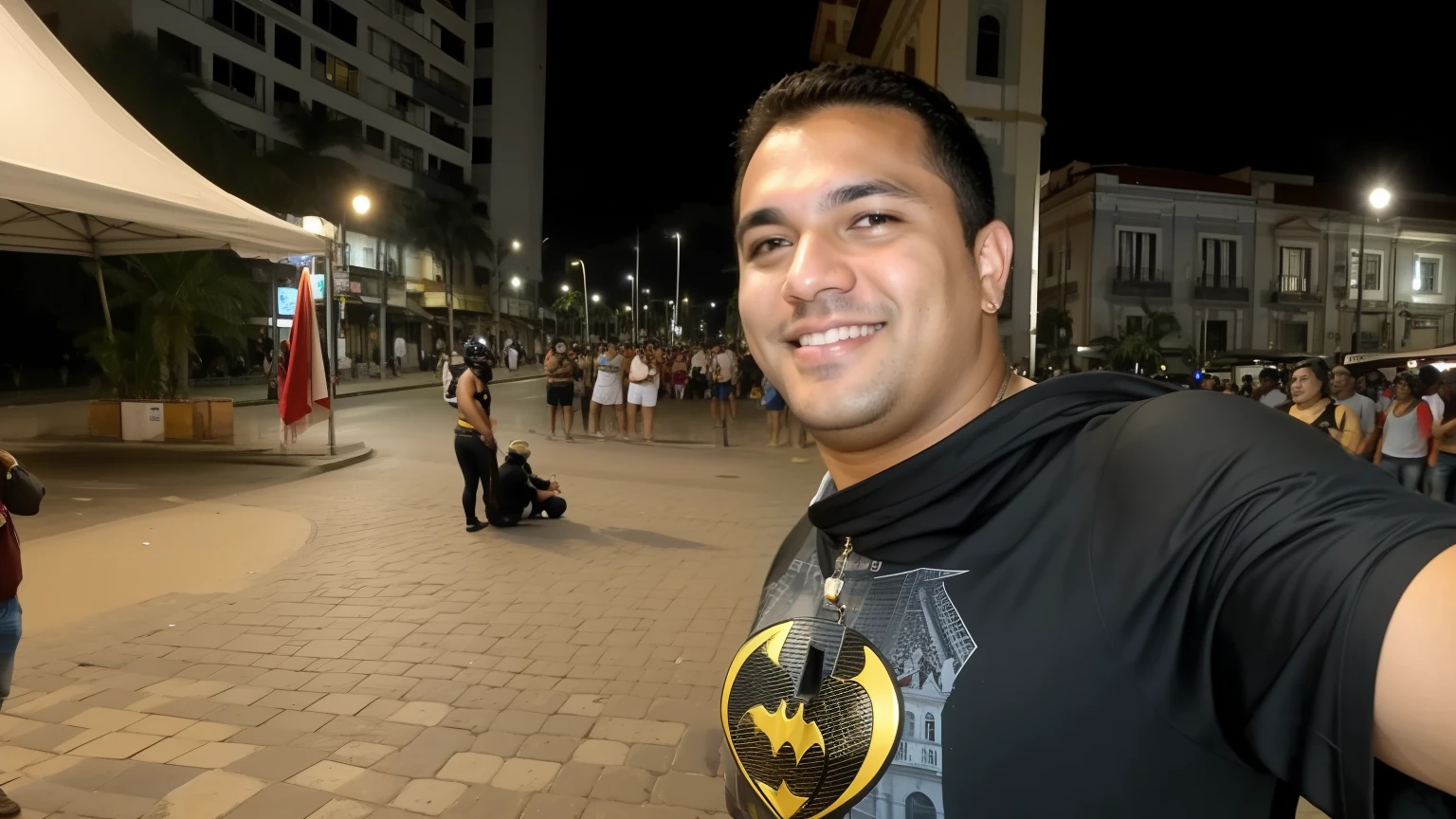 There's a man wearing a batman costume taking a selfie in front of a crowd, standing in a city center, salvador, Postagem no Reddit, in a city square, no meio da cidade, Ruas de Salvador, david rios ferreira, com uma cidade em segundo plano, Directed by: Felipe Seade, na cidade, foto de rua, In Sao Paulo, photo taken at night
