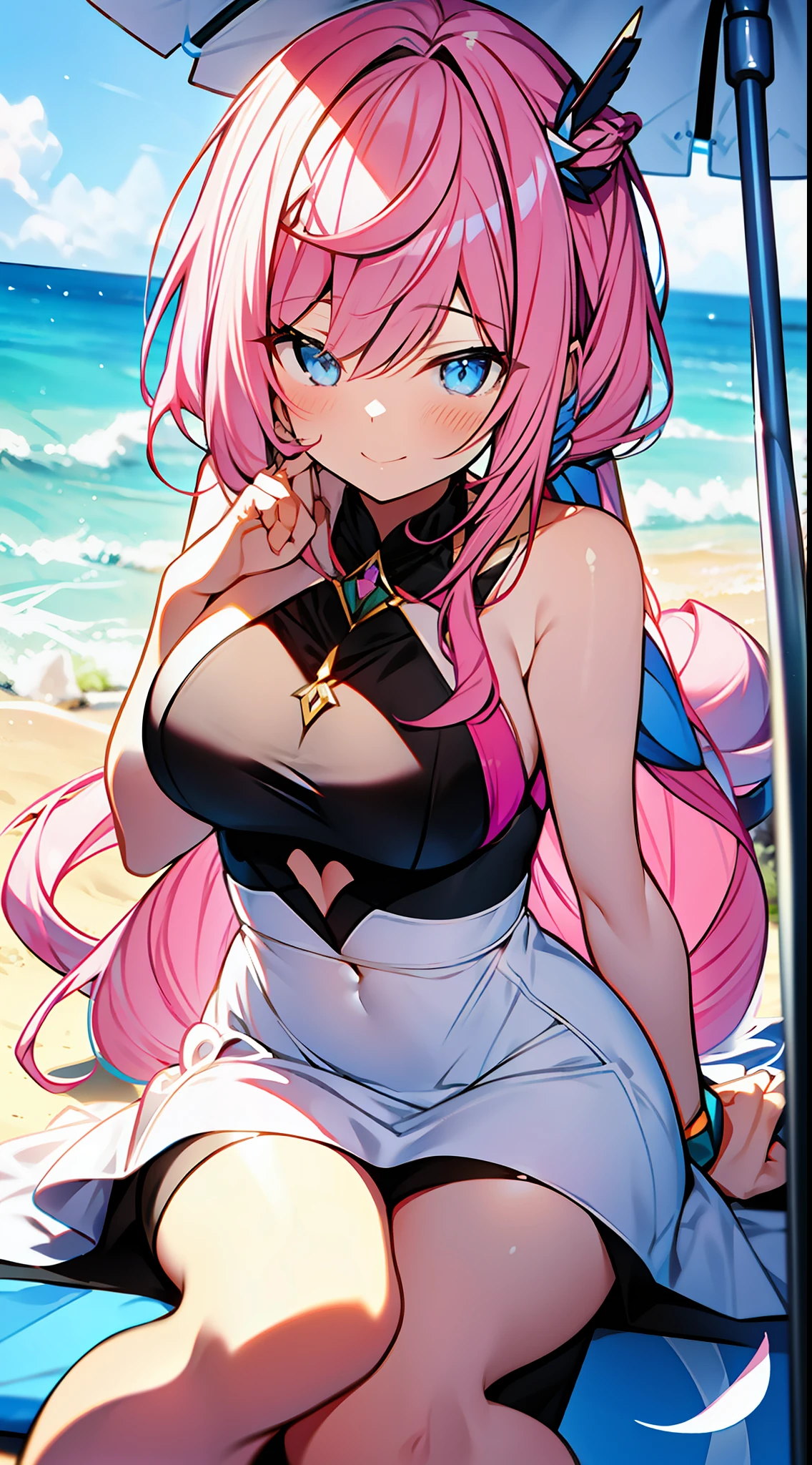 quadratic element，Honkai 3，Alicia，(((A pink-haired)))，blue color eyes，long whitr hair，A busty woman，best qualityer，The pointed ears are slightly shorter，By bangs，dated，Long eyelashes，（（dishiveredhair）），（（White feather hair ornament）），ssmile，one piece swimsuit，sandbeach，Sit under a parasol，Anime face，Dull hair，anime artsyle,Ayaka Genshin impact，long whitr hair，Open navel，Bigchest