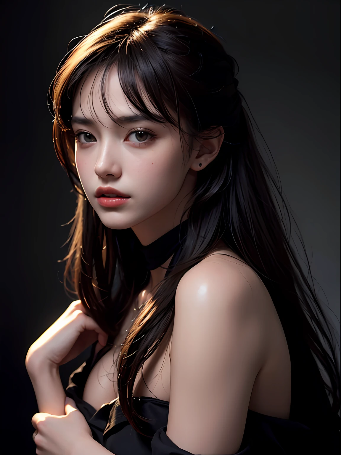 Best quality, masterpiece, ultra high res, (photorealistic:1.4), raw photo, 1girl, offshoulder, in the dark, deep shadow, low key, cold light