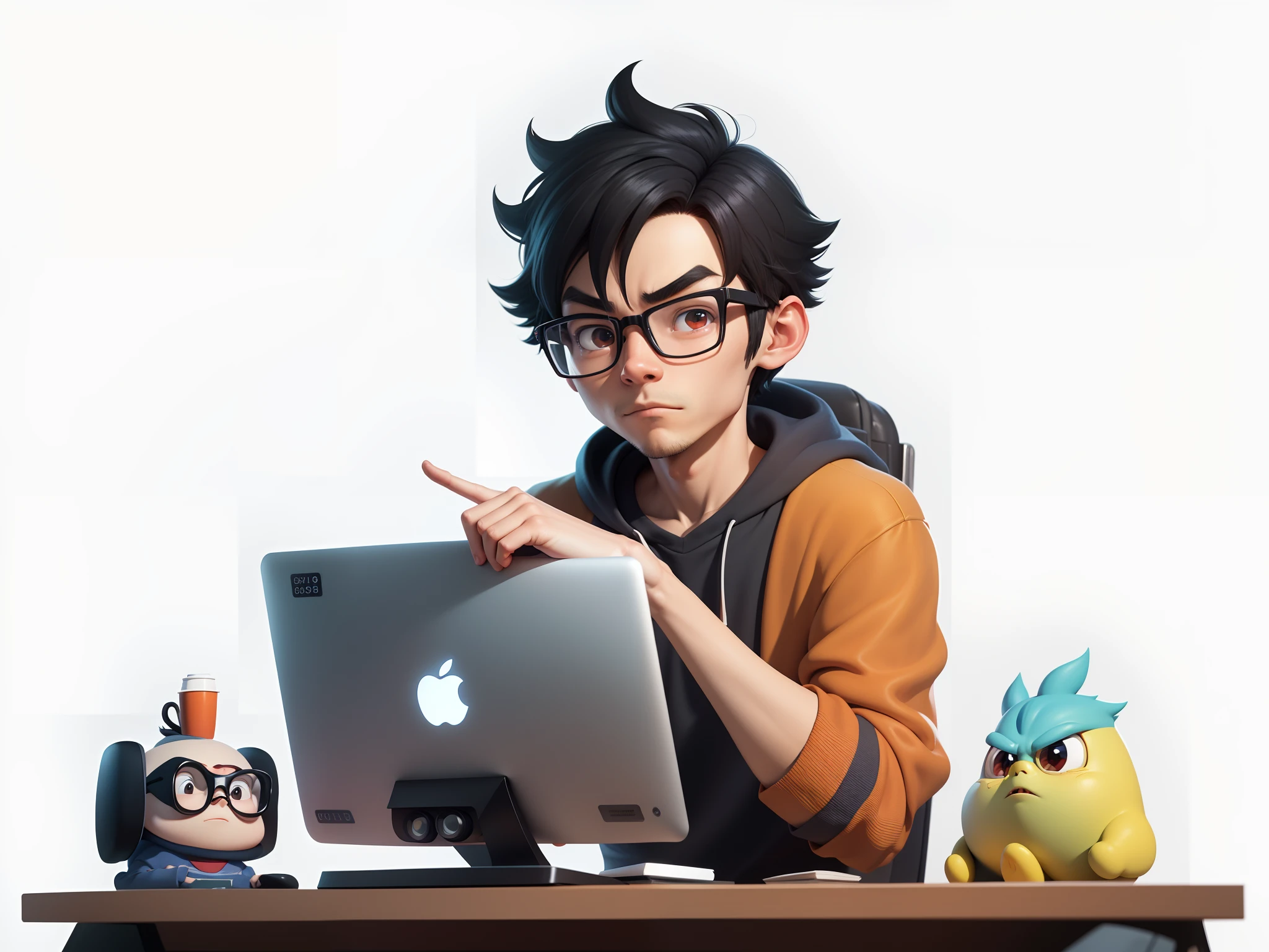 A young man with glasses sits at his desk,holding laptop,digitial painting,3D character design by Mark Clairen and Pixar and Hayao Miyazaki and Akira Toriyama,4K HD illustration,Very detailed facial features and cartoon-style visuals。