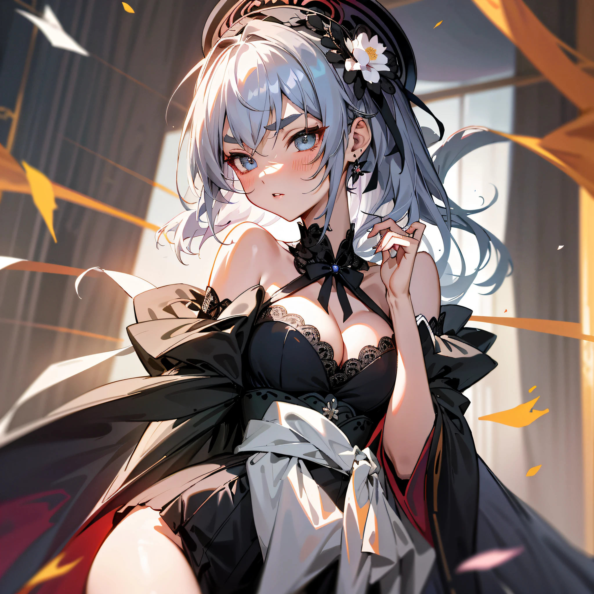 ta prostitute,Royal Sister,plumw,Raised sexy,Cleavage is seductive,flying petal,Floating hair,White complexion、Sharply defined、Slender eyebrows、Deep eyes,Black Loliigh-waist、obi strip、black over-the-knee socks、Silver-toned earrings,lace legwear、tigh-high boots、trinkets、hair adornments、neck chain、Bracelet,big breasts exposed cleavage,Falling streamers and debris,mystical ambiance。Masterpiece, Best quality, HD, 8K, A high resolution, Super resolution,absurderes, A high resolution, Ultra detailed, elegant flourishes, and a sense of craftsmanship and skill,Anime girl in black and white dress with flowers on hair, Guweiz in Pixiv ArtStation, Guweiz on ArtStation Pixiv, gothic maiden anime girl, trending on artstation pixiv, seductive anime girls, beautiful and seductive anime woman, Guviz, Best anime 4k konachan wallpaper, Anime girl wearing black dress