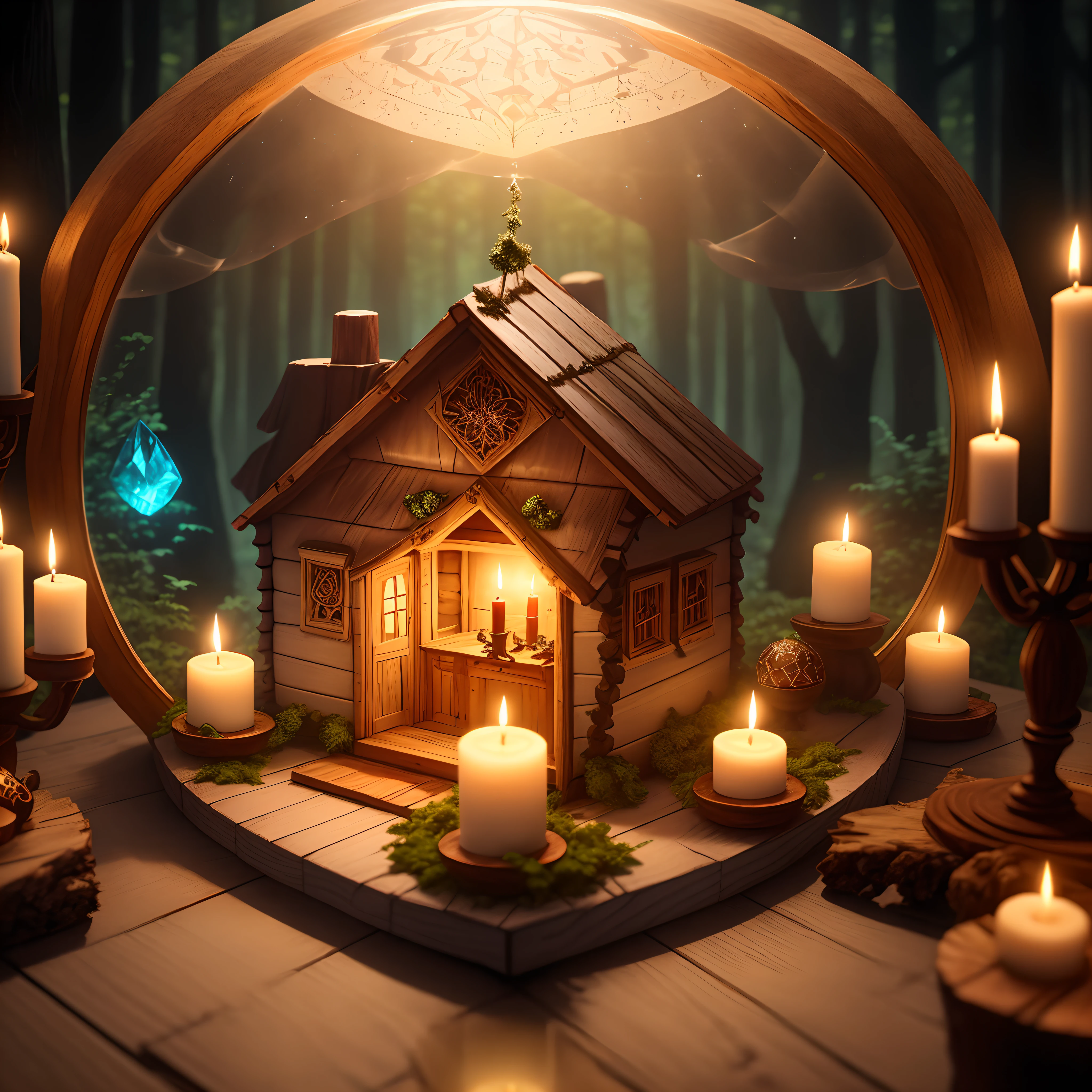 digital art of detailed elven glowing crystal sphere with (small wooden cabin inside:1.3), on carved intricately ornate Druid altarpiece in mysterious deep forest background, twisted candles on the sides, perfect reflection, soft candle lighting,  fantasy style
highly detailed, unreal engine