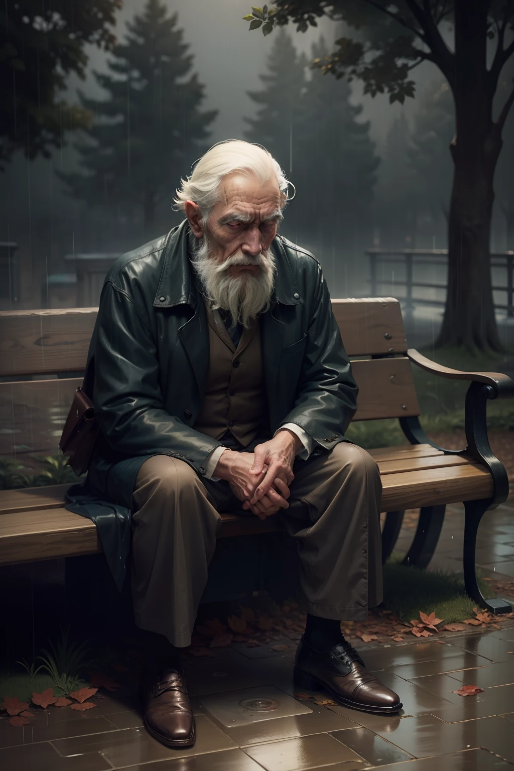 Old man DarkWoodsStyle in the rain with sad countenance sitting on bench in a square
