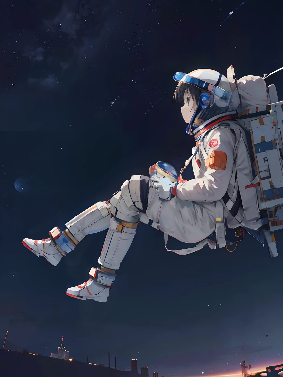 anime astronaut floating in the air with a backpack on his back, an astronaut relaxing in space, floating in space, floating on space, girl in space, floating in outer space, floating in deep space, lonely astronaut, an astronaut floating in space, an astronaut in space, floating beside planets, flying in space, powerful woman sitting in space, in space