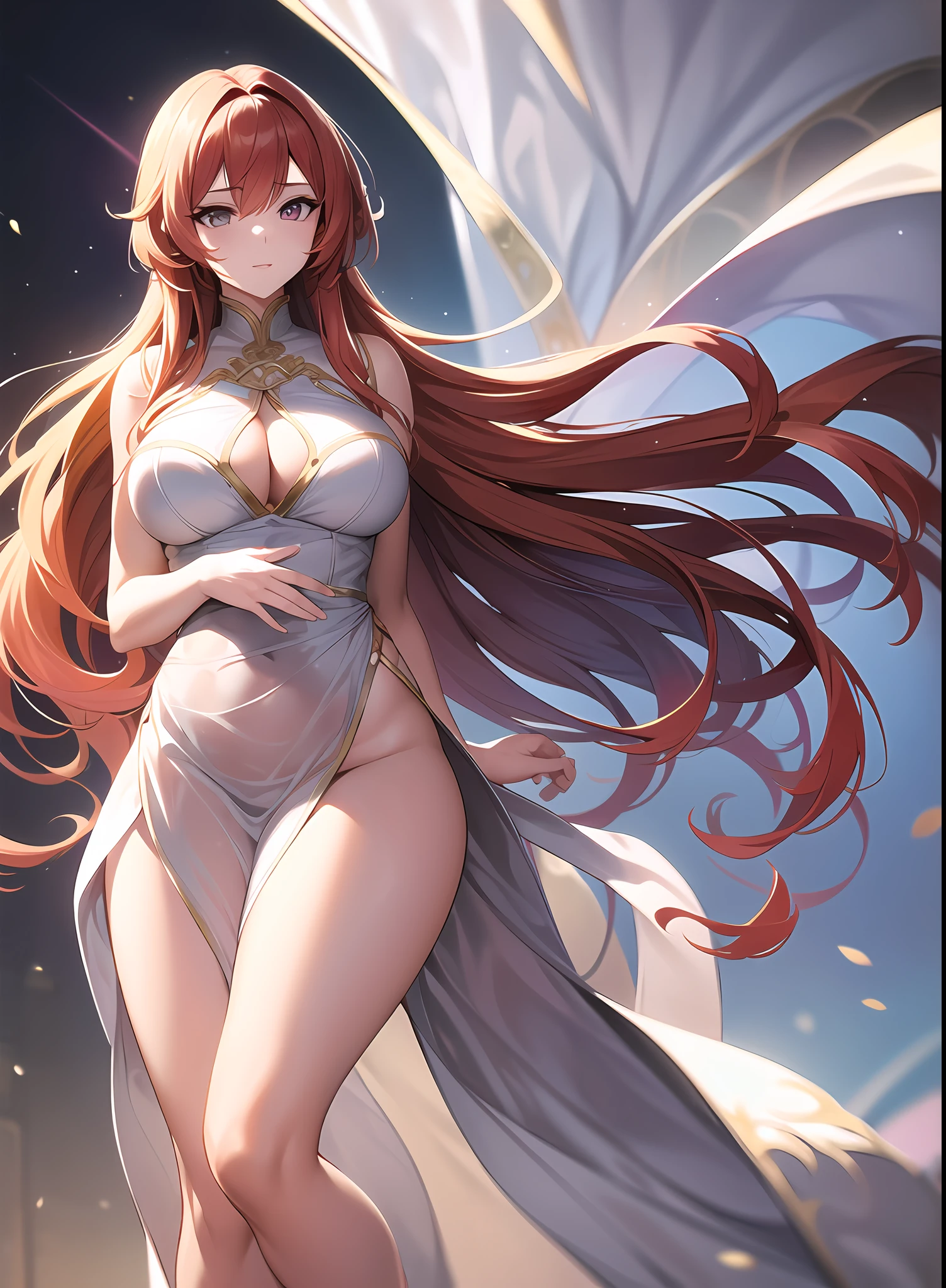 "Beautiful and attractive ultra HD CG illustration,There is a little plump,The physical appearance and body proportions are close to real people,Stunning picture quality,Delicate and delicate,adornado y fluido,high saturated,dynamic angle,Dynamic stance,Colorful hair color(red tinted hair:1.2,Golden hair,Purple colored hair)Charming face,Brilliant light,Exquisite clothing,Graceful posture,Fantastic background,Gorgeous light and shadow effects"