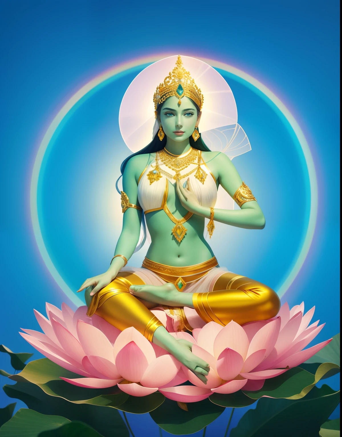 In the void, Beautiful virgin sitting leisurely，The palm of your hand faces the camera，A lotus flower squeezed in his hand，The face tilts slightly to the right，The body is in a curved posture，White corset，Delicate and radiant skin，Barefoot，（Long curved eyebrows），Beautiful eyes sparkle，The large, Jewel-like eyes sparkle，Clear pupils have reflected light，二重まぶた，Lying silkworm，looks into camera，（（Plump and rosy lips）） Clearly visible，（（Flushed cheeks）），The mandible is plump，Green skin is delicate and smooth，Delicate skin translucent，A delicate and dexterous crown，inlaid gemstones，Delicate and skillfully set gemstones，（Yellow dress），Perfectly designed jewelry is exquisite，Beautiful eyes looking directly at the camera，(((nice hand)))，（（（（Good feet））），（（（good legs））），realisticlying，white skinned，（（Correct body structure）），Golden costume，Blue sky，Head background with round light，Behind him is a colorful rainbow circle，Color glow is turned on，Front lighting，Positive light，No shadows on the face，There are no shadows on the body，Blue sky，Unreal space，ethereal world，dreamworld，with blue sky and white clouds，tmasterpiece，4K，ultra-definition，professional photoshooting，Perspective looks up，Standard lens shooting，